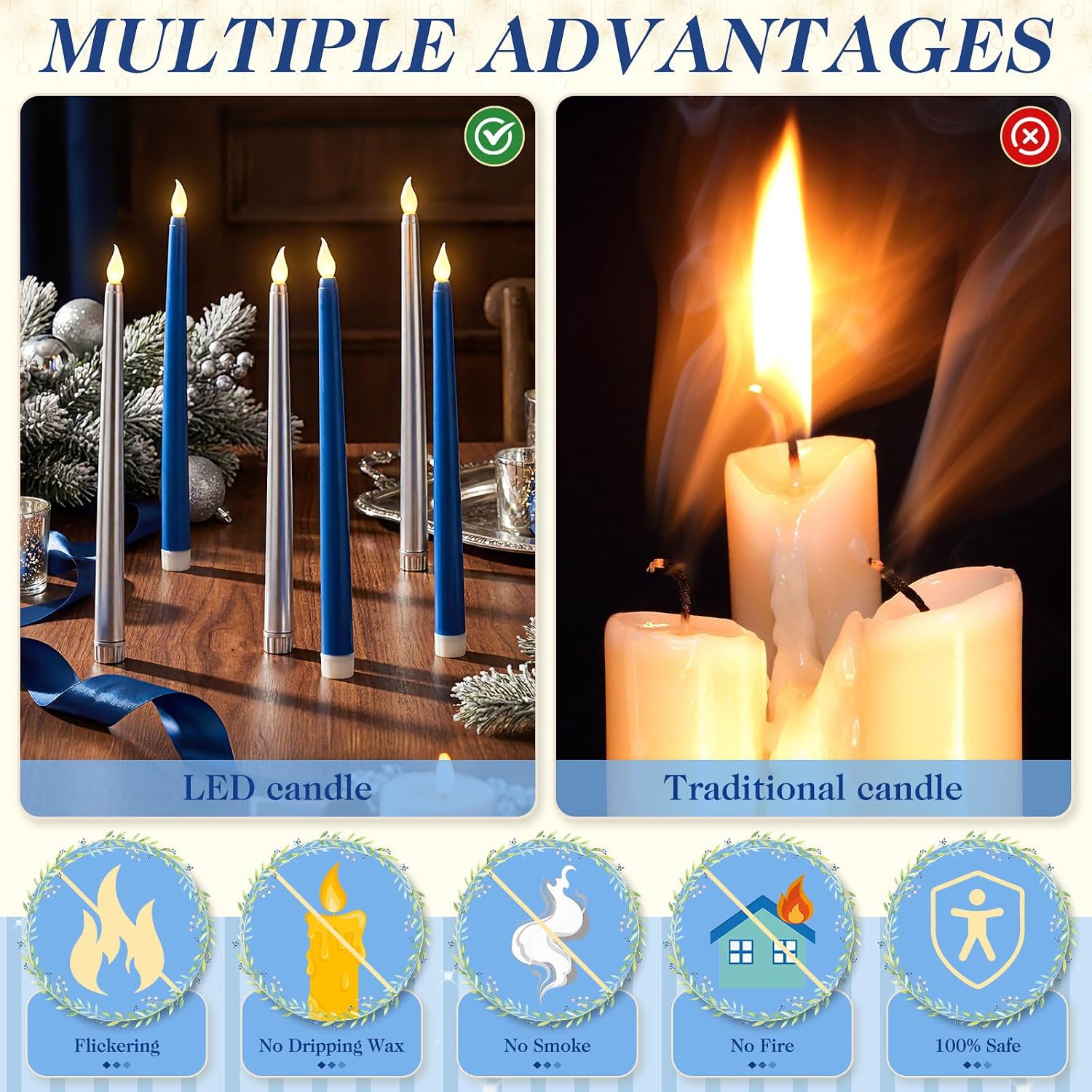 Baquler 6 Pcs 11'' Blue Silver Flameless Taper Candles Battery Operated Candle LED Plastic Flickering Candlesticks for Birthday Wedding Baby Shower Graduation Prom Dinner Home Party Decor