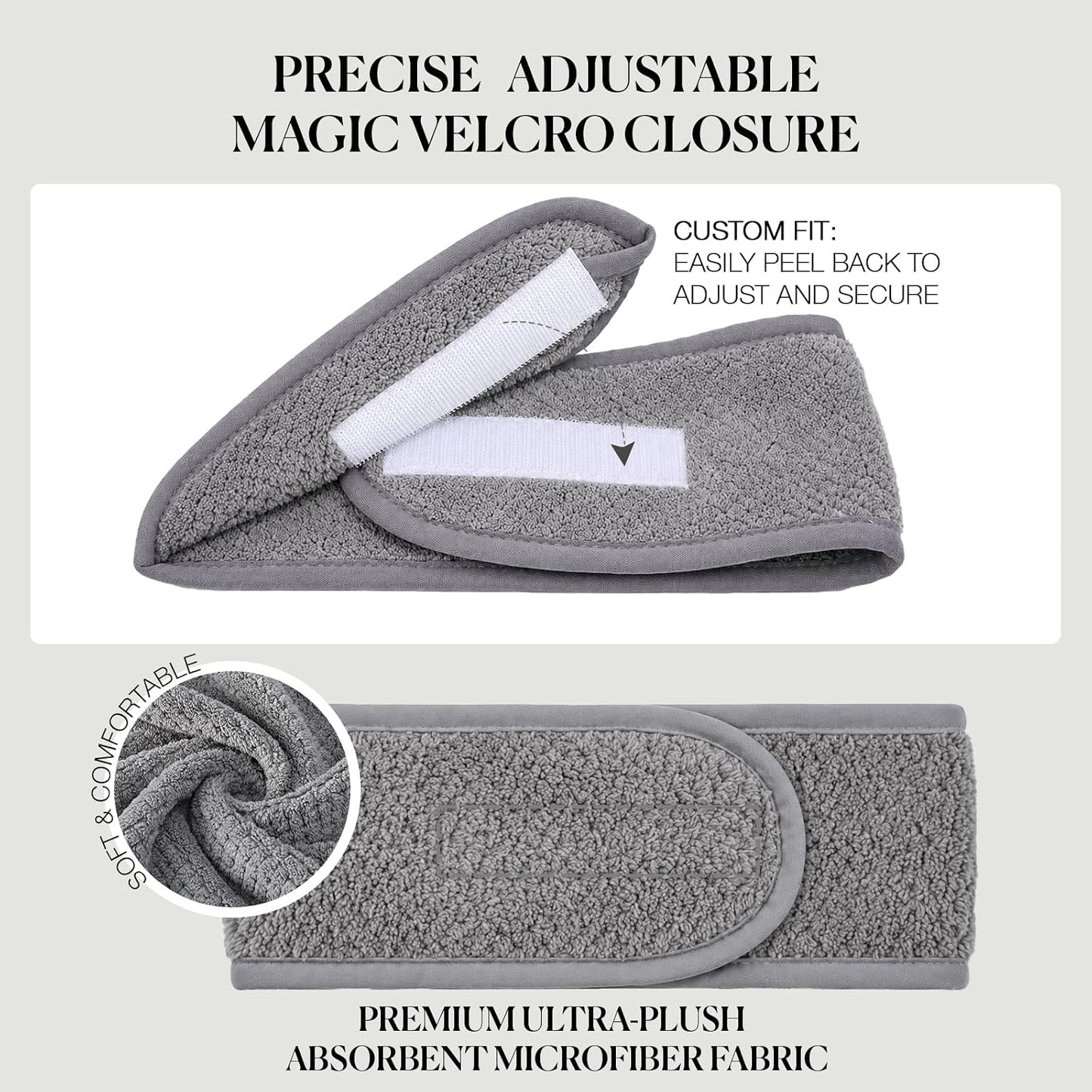 4PCS Extra Long Spa Headband for Women Adjustable Terry Cloth Skincare Headband Stretch Towel Head Wrap for Bath, Makeup Facial Mask（White+Grey+Khaki+Pink）