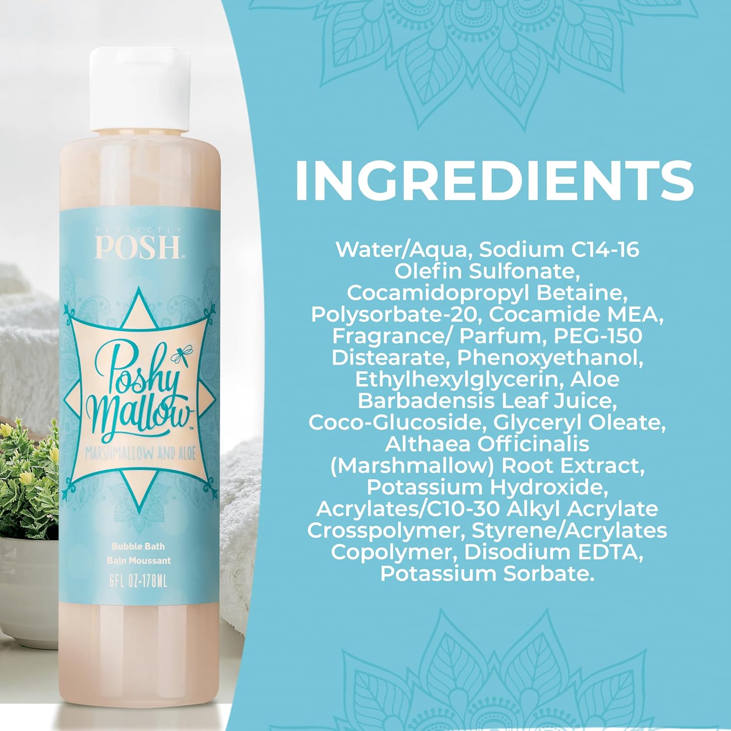 Perfectly Posh - Poshymallow Bubble Bath - Hydrating Bubble Soak with Marshmallow Root Extract, Aloe, and Sweet Marshmallow Scent - 178ml