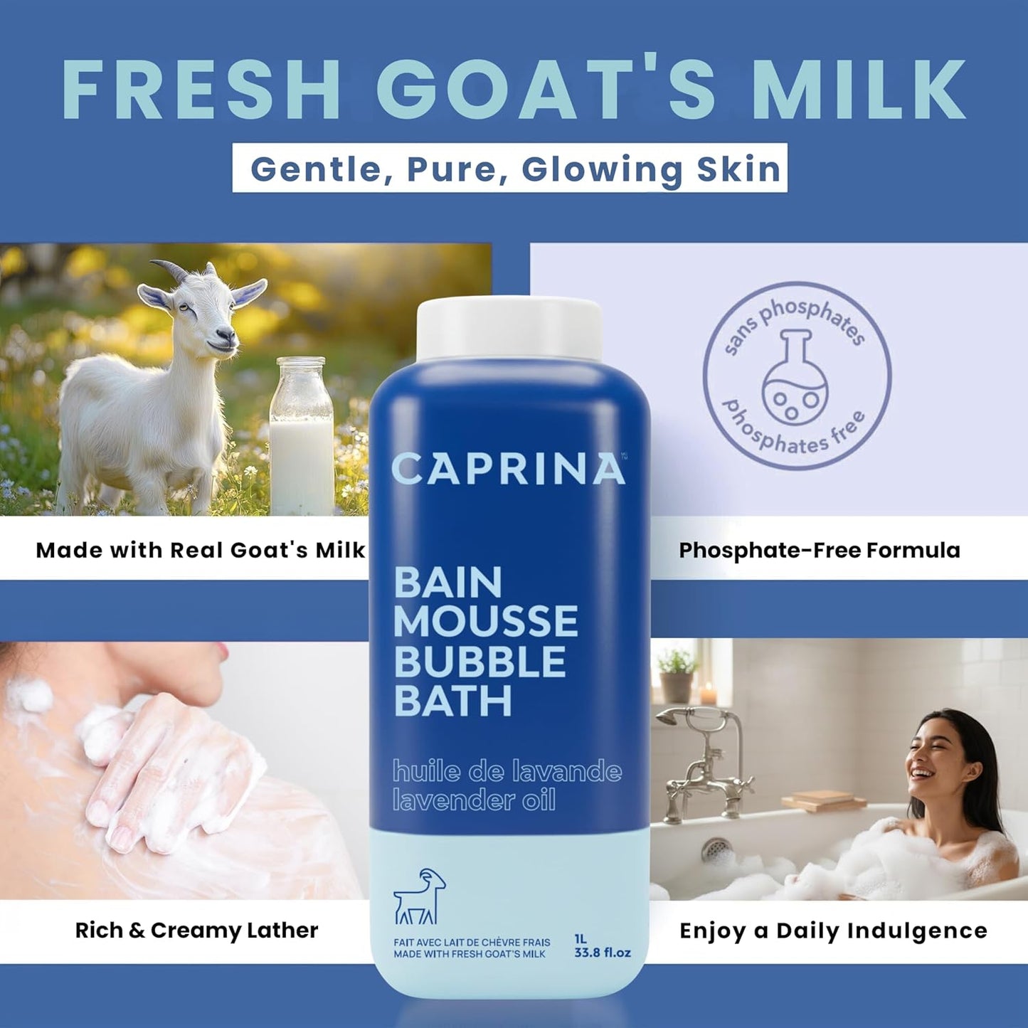 Caprina Fresh Goat’s Milk Bubble Bath, 1L, Hydrating Relaxing Foam Bath, Moisturizing and Gentle on Skin, Made in Canada (Lavender Oil)