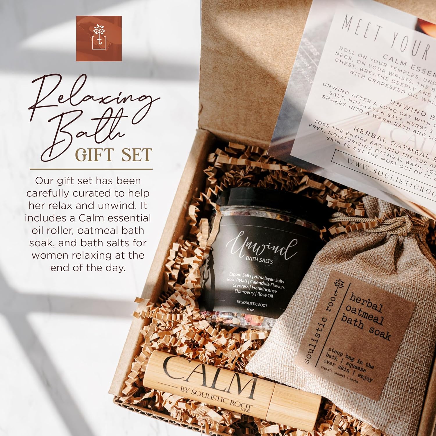 SOULISTIC ROOT Revitalizing Bath Gift - Premium Self-Care Bath & Body Set with Lavender Oatmeal Soak, Tranquil Essential Oil Roller, Epsom Salt Soak, Home Spa Kit, Ready-to-Gift Box