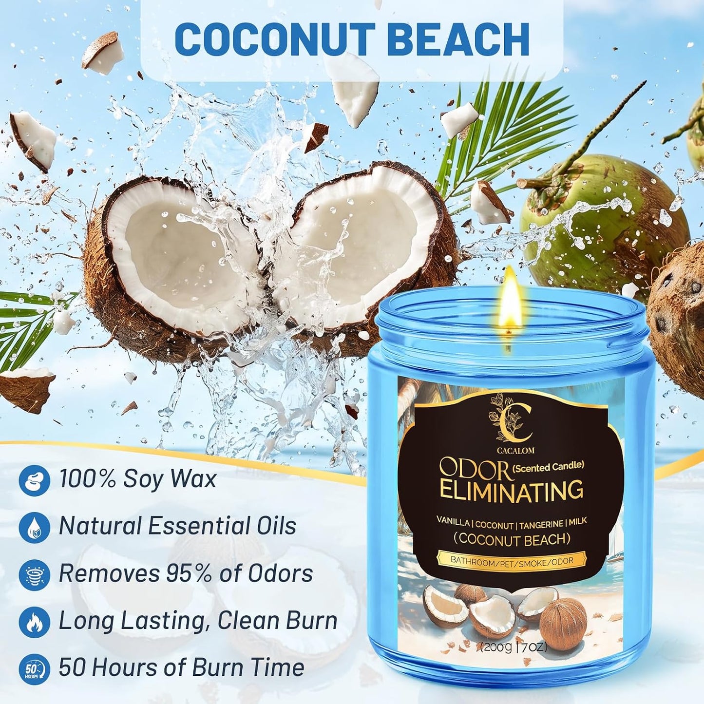 Coconut Odor Eliminating Candles, Pet Scented Candles for Home, Single Wick Soy Candle Gifts for Women, Men, Ideal for Creating Relaxing Atmosphere, Over 50 Hours of Burn Time