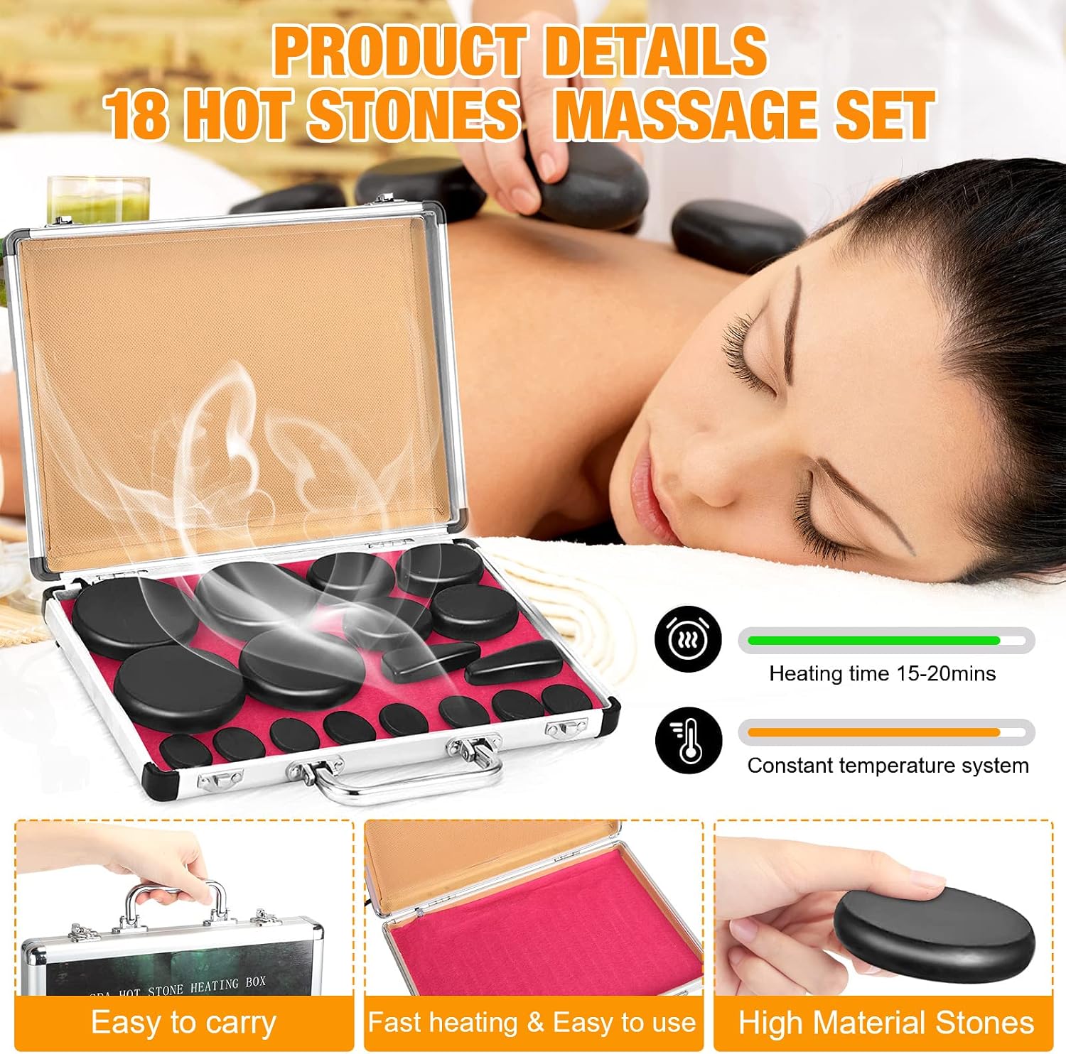 Yunsailing 18 Pcs Hot Stones Massage Set with Electric Heater Box 110v Basalt Massage Rock Kit for Professional Home Spa Warming Relaxing Relief, Constant 50°c (122°f)(Temperature Constant)