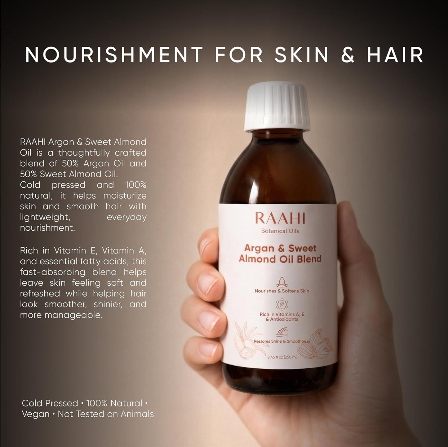 RAAHI Argan Oil and Sweet Almond Oil for Hair and Skin, 8.45 fl oz / 250 ml, Lightweight Non Greasy Moisturizer for Face, Body, Scalp and Hair