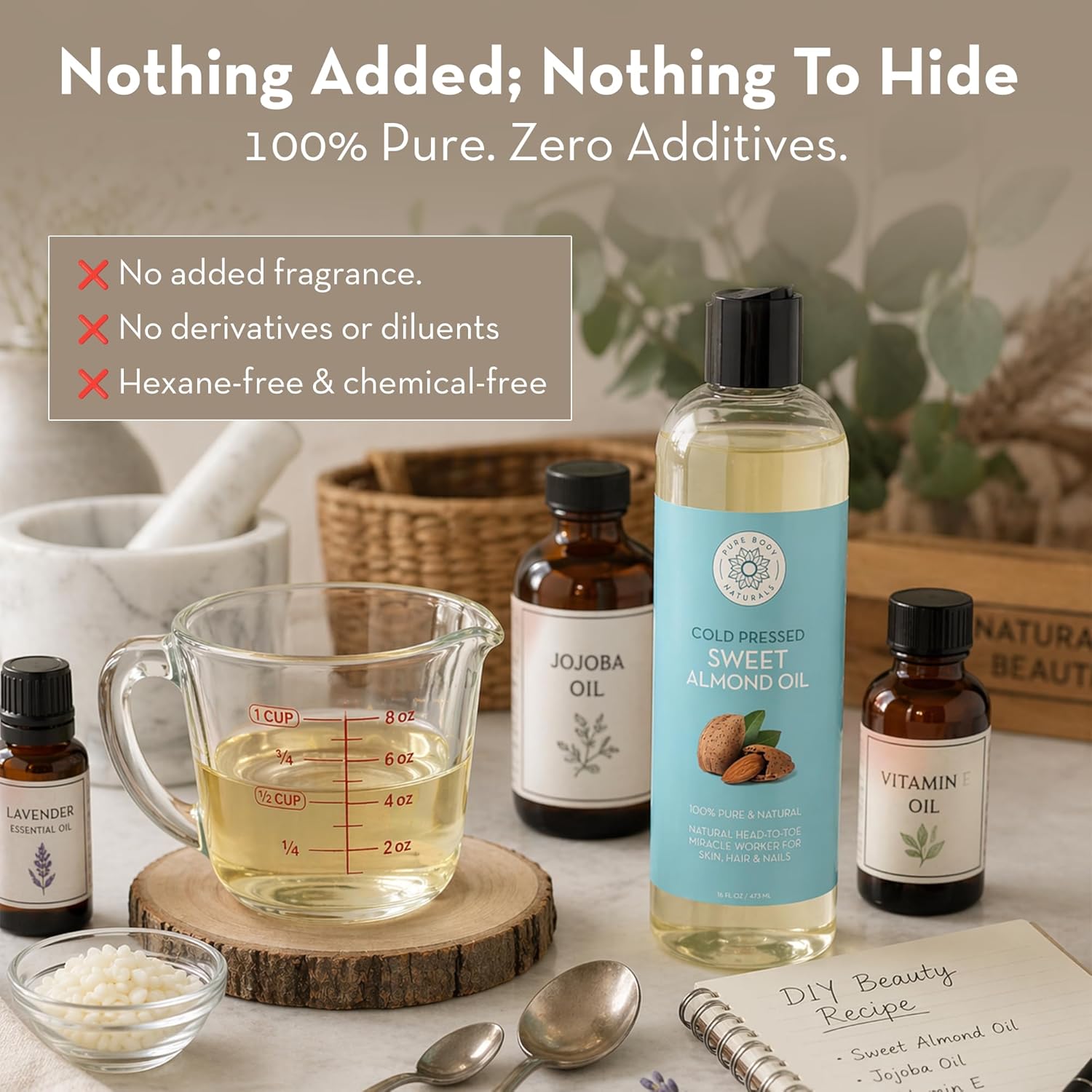 Pure Body Naturals Sweet Almond Oil for Skin and Hair, Cold Pressed Almond Oil, Almond Body Oil, Sweet Almond Carrier Oil, Fast Absorbing Moisturizer, 16 fl oz
