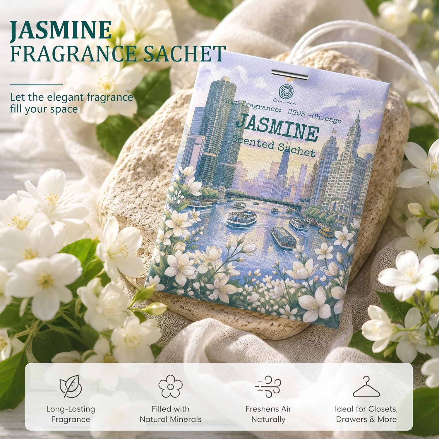 US03-Chicago Jasmine Scented Sachets for Drawers, Closets & Cars, 12 Pack | Car Air Freshener sachets with Chicago Jasmine scent. Freshens closets, drawers, cars and small spaces.