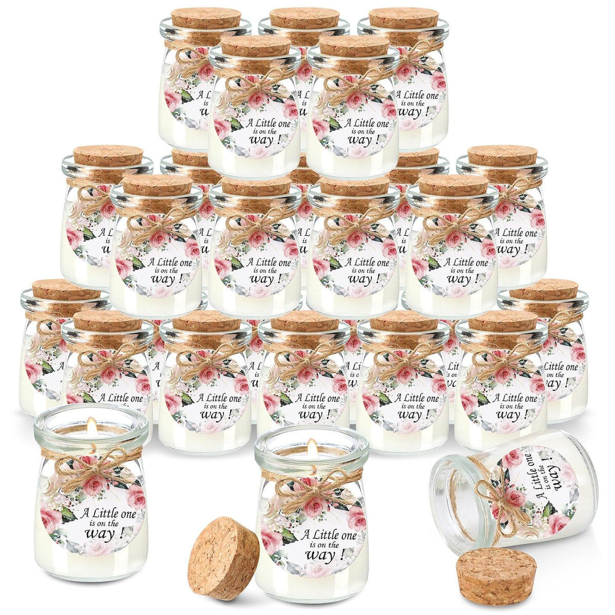 Threlaco 20 Pcs Flower Baby Shower Favors Party Candle Lavender Scented Glass Mason Jar Wax Candle Bulk for Guests Girl Boy