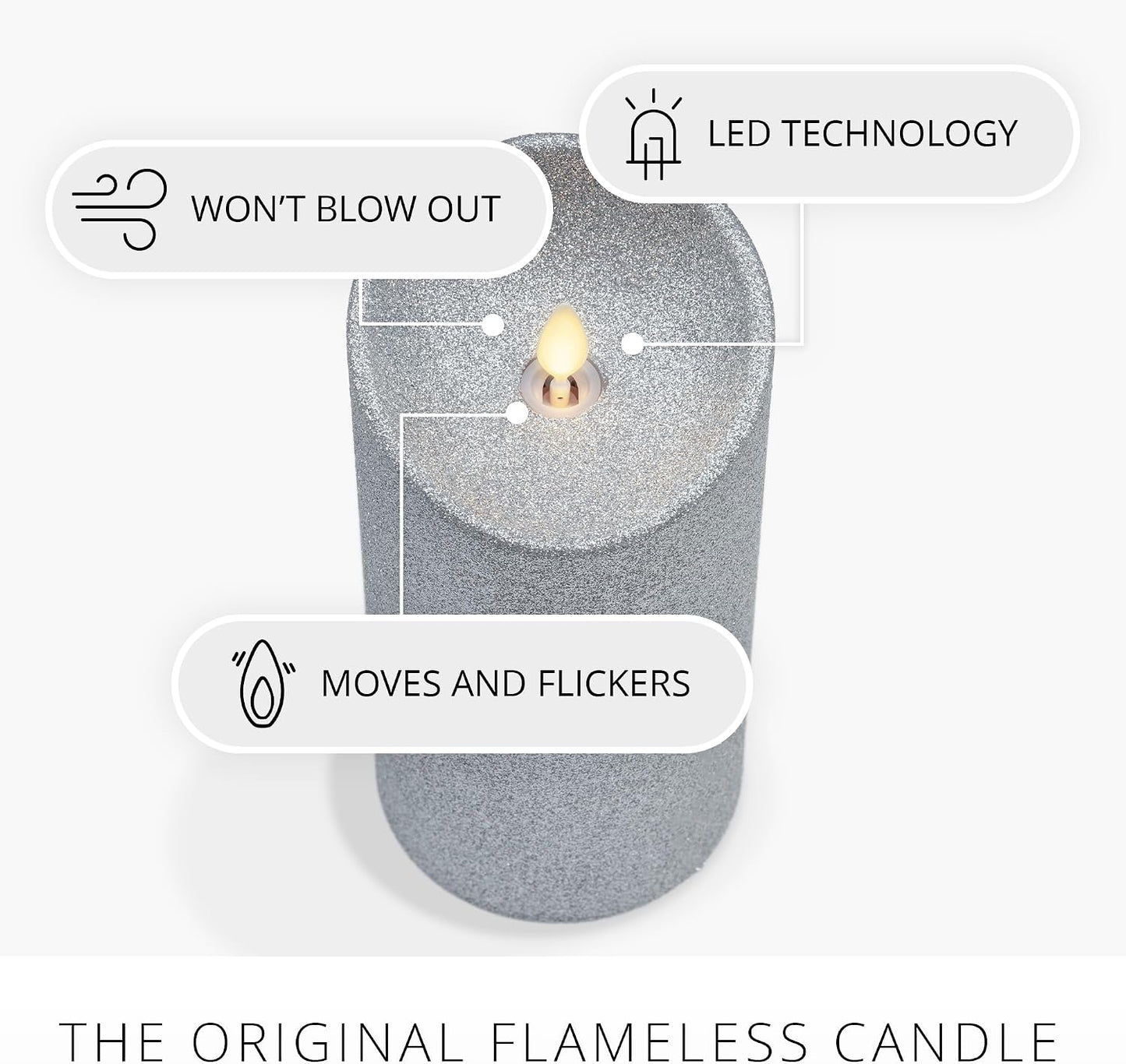 Luminara Brilliant Silver Glitter Flameless Candle Moving Flame LED Pillar (3.5" x 7")