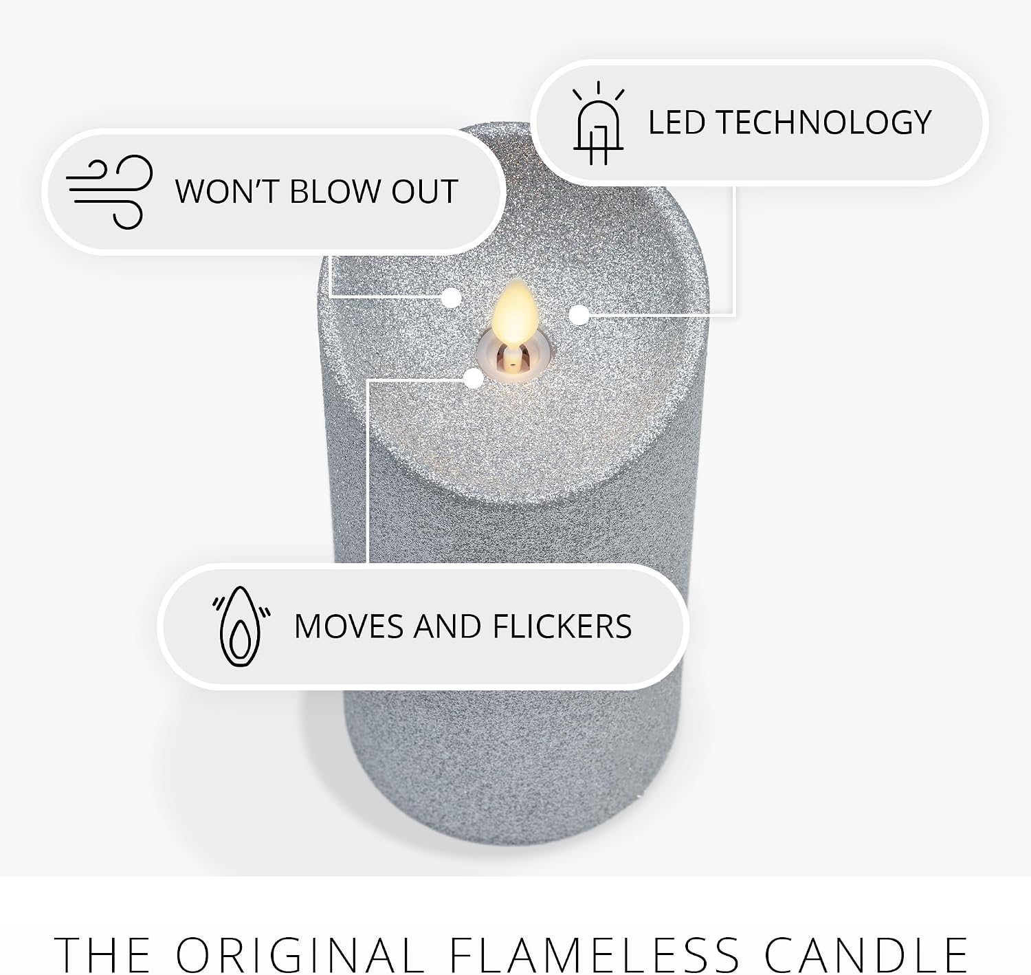 Luminara Brilliant Silver Glitter Flameless Candle Moving Flame LED Pillar (3.5" x 7")