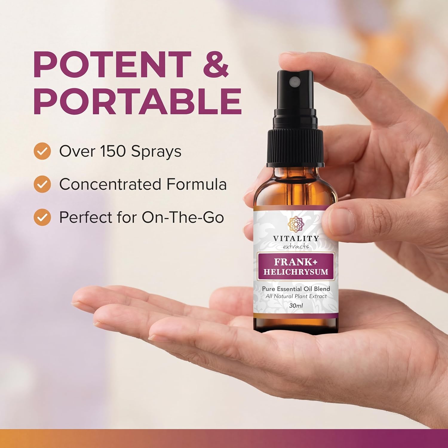 Vitality Extracts Frank+ Helichrysum Essential Oil Blend - 30ml Spray Bottle, Frankincense Boswellia Seratta, Aromatherapy, Soft Skin, Relief from Daily Aches & Soreness, Natural