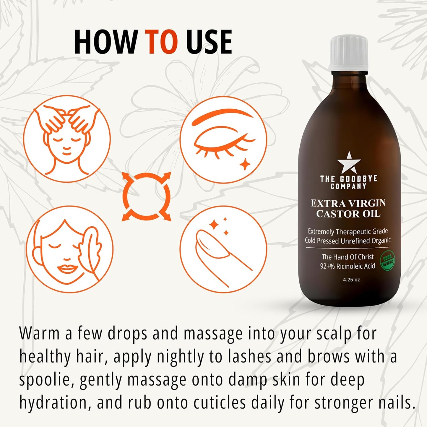 The Goodbye Company Organic Castor Oil for Hair, Skin & Eyelashes – 100% Pure, Cold-Pressed, Hexane-Free, Unrefined – Nourishing Beauty & Wellness Oil in Dark Glass Bottle – 4.25oz