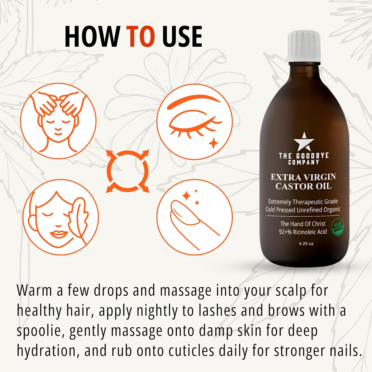 The Goodbye Company Organic Castor Oil for Hair, Skin & Eyelashes – 100% Pure, Cold-Pressed, Hexane-Free, Unrefined – Nourishing Beauty & Wellness Oil in Dark Glass Bottle – 4.25oz