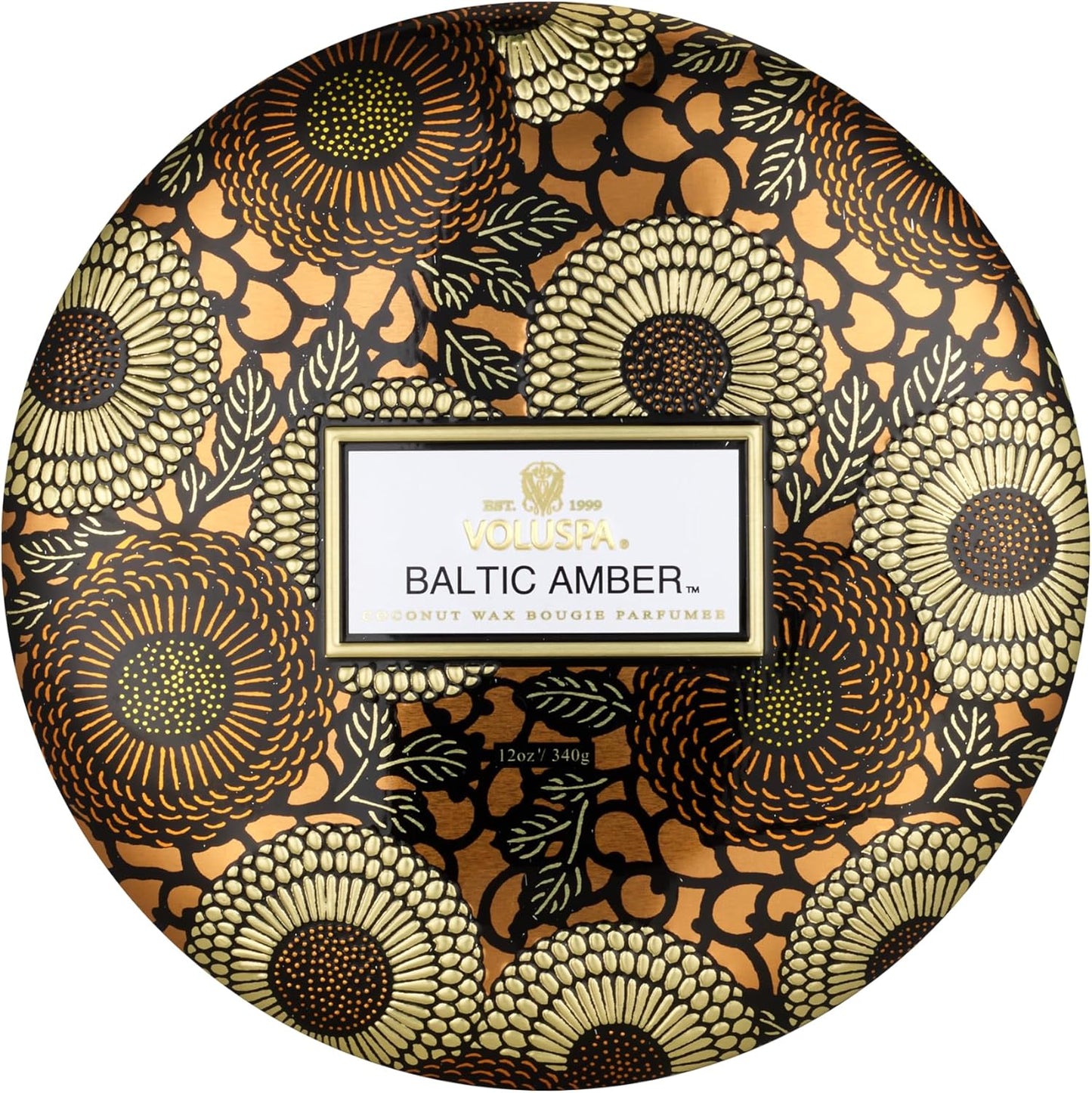 Voluspa Baltic Amber, Tin Candle 3 Wick Tin Candle, 12 oz, 40 Hours Burn Time, Coconut Wax for Clean Burning, Handcrafted in the USA
