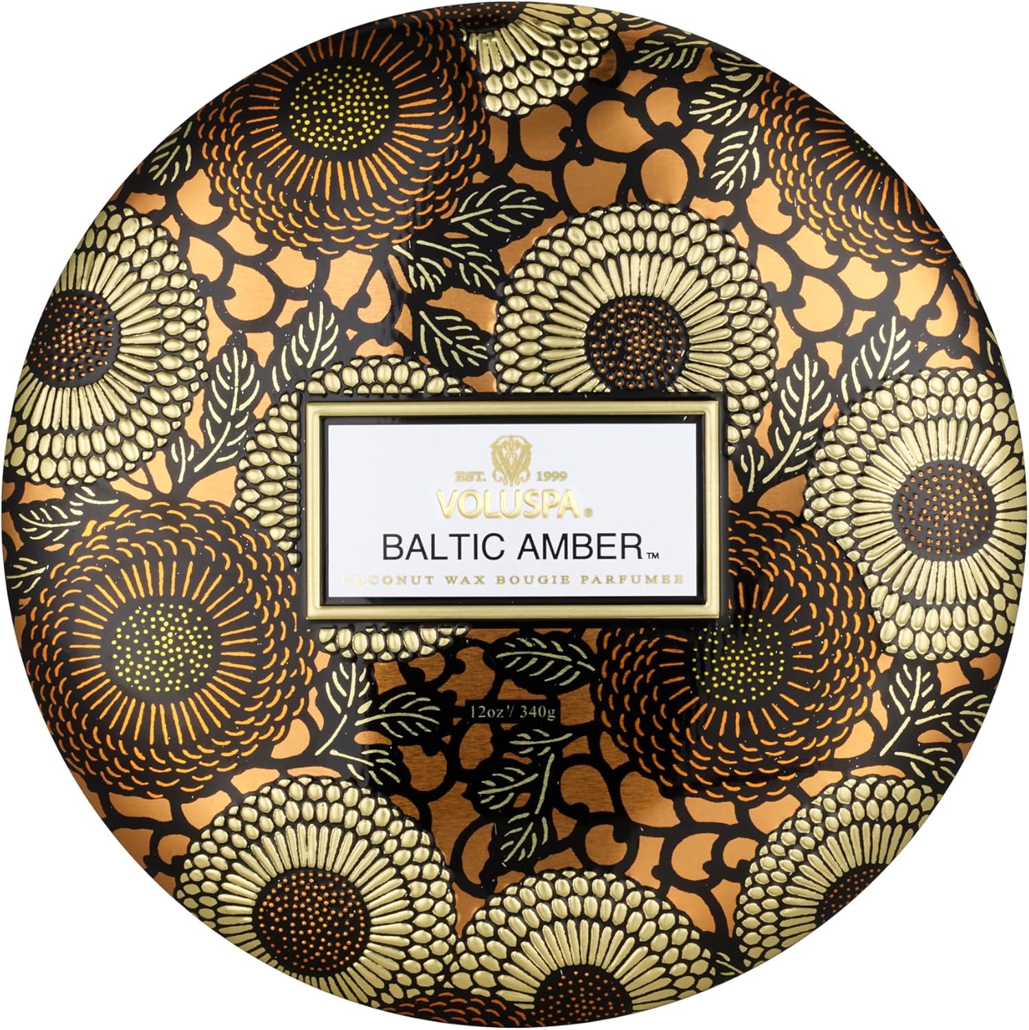 Voluspa Baltic Amber, Tin Candle 3 Wick Tin Candle, 12 oz, 40 Hours Burn Time, Coconut Wax for Clean Burning, Handcrafted in the USA