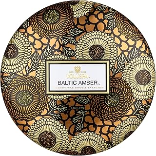 Voluspa Baltic Amber, Tin Candle 3 Wick Tin Candle, 12 oz, 40 Hours Burn Time, Coconut Wax for Clean Burning, Handcrafted in the USA