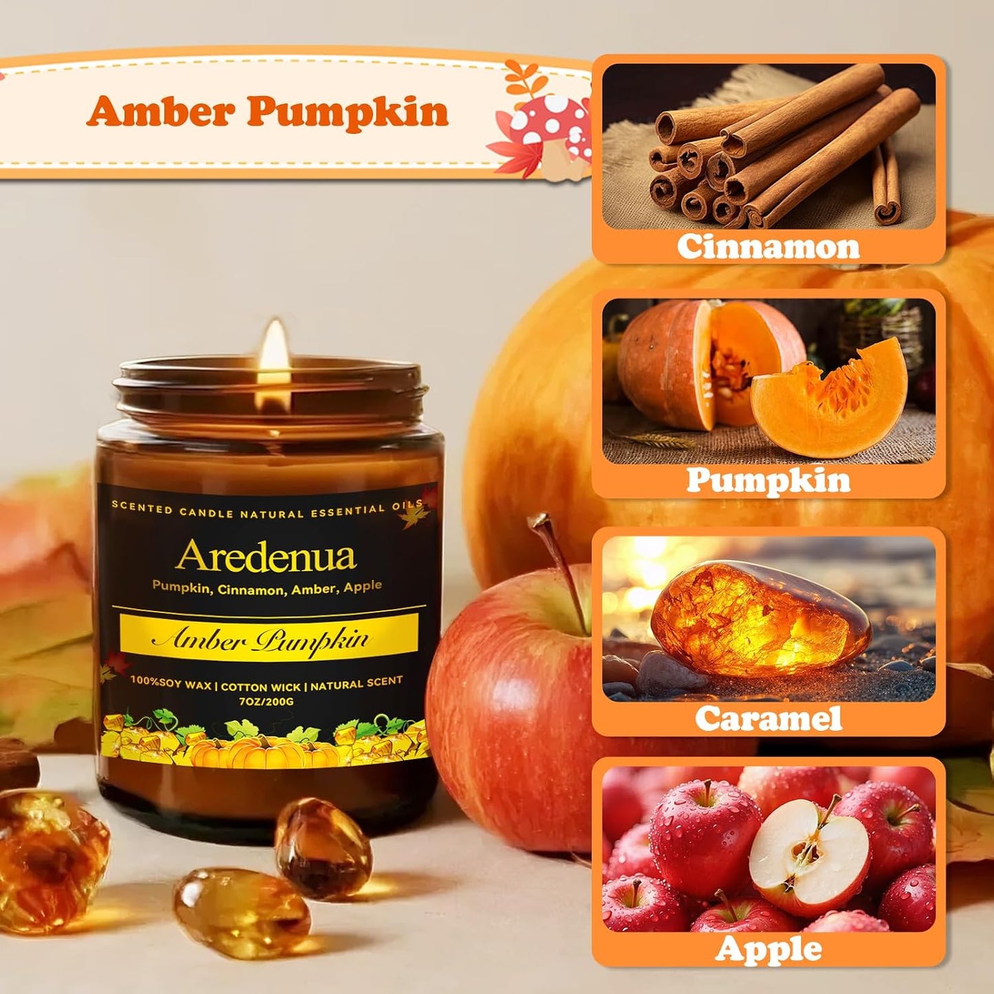 Amber Pumpkin Candle – Warm Holiday Pumpkin Scent, Hand-Poured Soy Candles for Winter Home Décor, Cozy Christmas Seasonal Candles Gift
