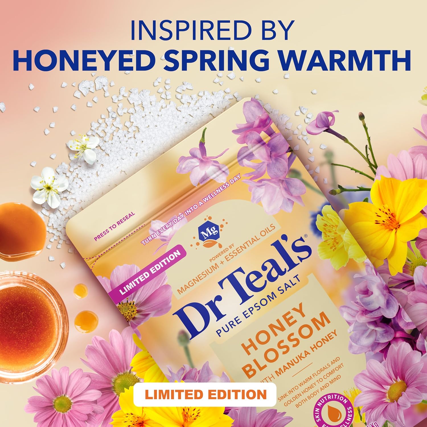 Dr Teal's Epsom Salt Magnesium Soak, Limited Edition Honey Blossom, 3 lbs (Pack of 4)
