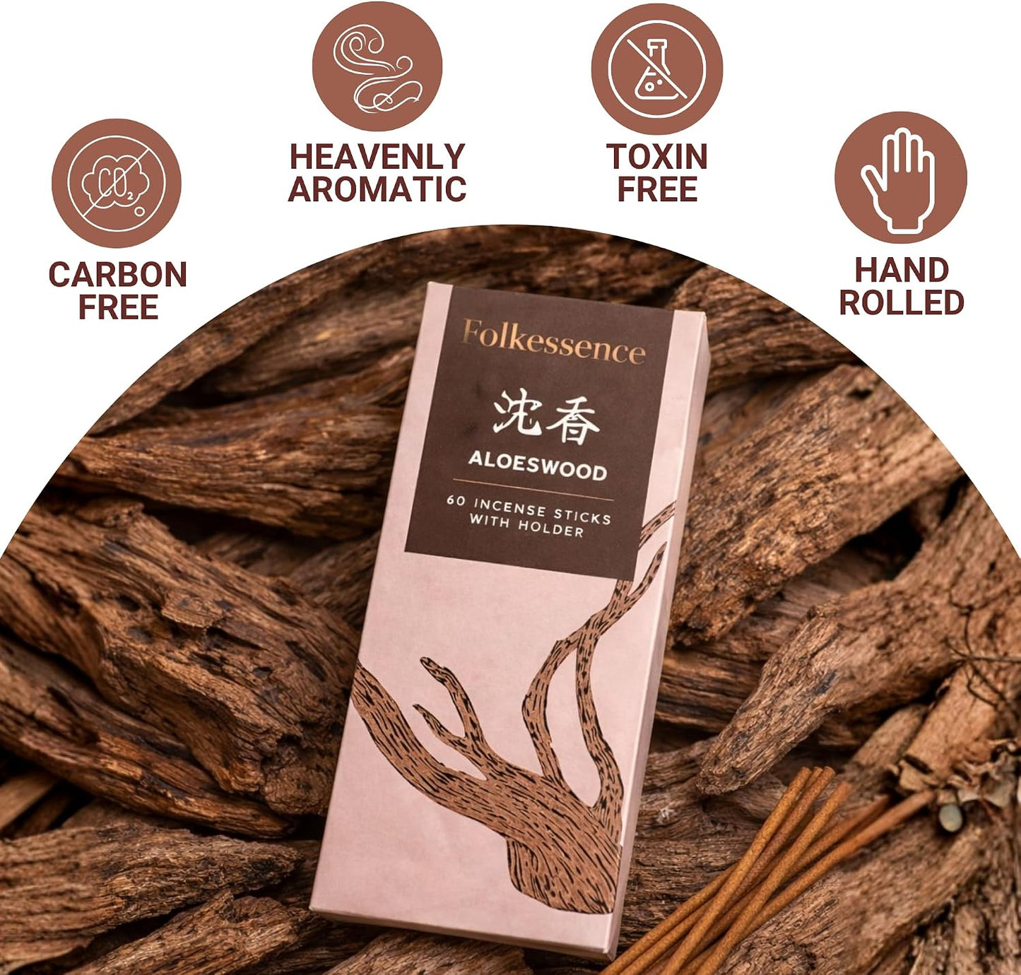 Folkulture Japanese Incense Sticks| Pack of 60 Premium Aloeswood Incense | No Charcoal, No Black Smoke |Woody Aroma for Meditation, & Relaxation| Organic, Non-Toxic Incense | Aromatherapy