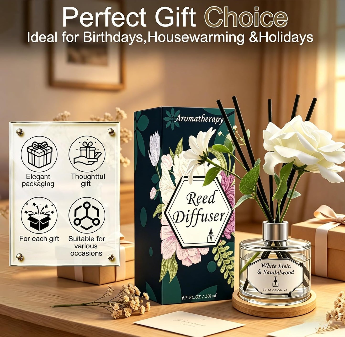 Reed Diffusers for Home, White Linen & Sandalwood Relaxing Fragrance | Aromatherapy Reed Diffuser Sticks with Gift Box, Scented Sticks for Bathroom | Home Décor