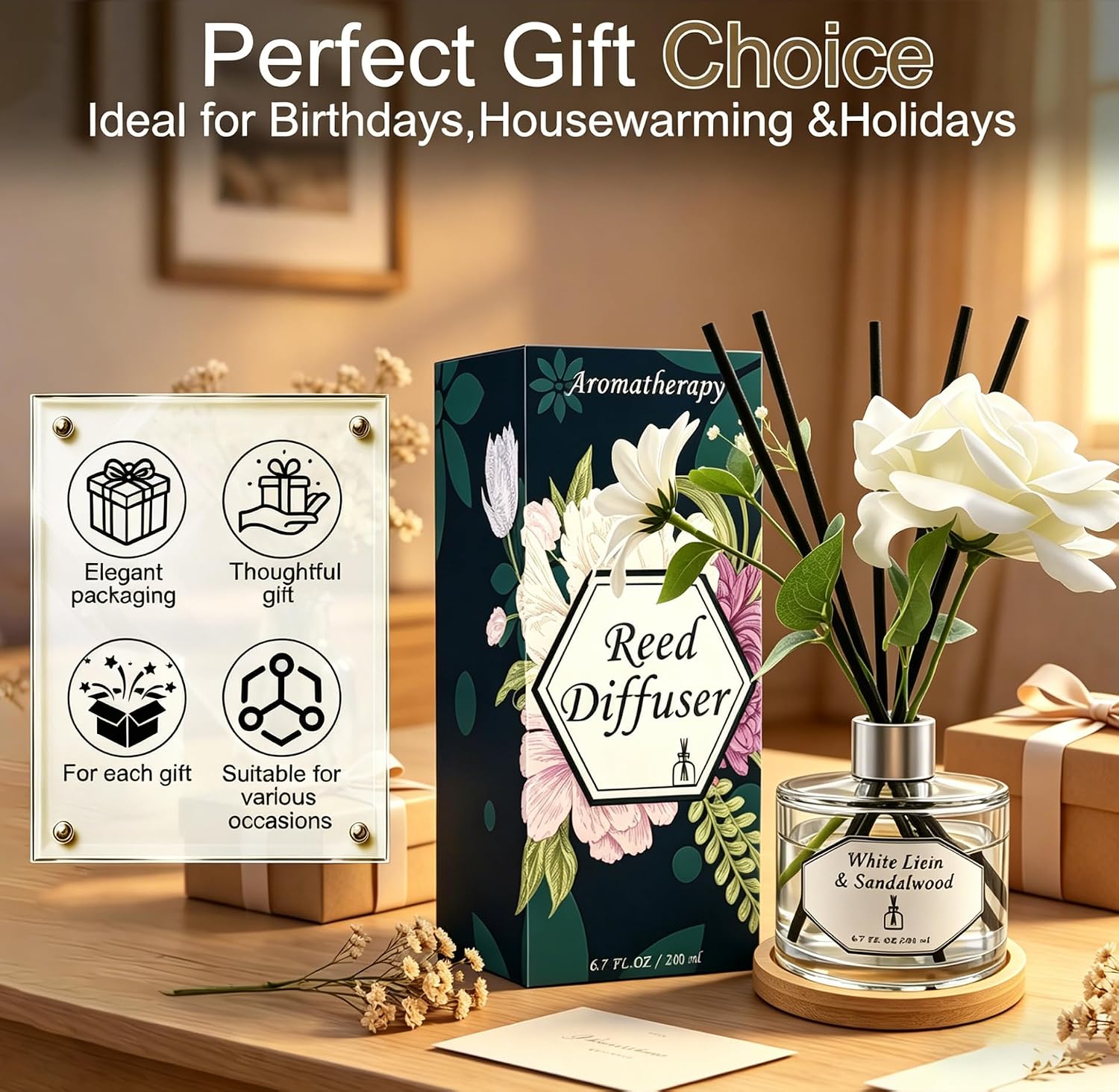 Reed Diffusers for Home, White Linen & Sandalwood Relaxing Fragrance | Aromatherapy Reed Diffuser Sticks with Gift Box, Scented Sticks for Bathroom | Home Décor