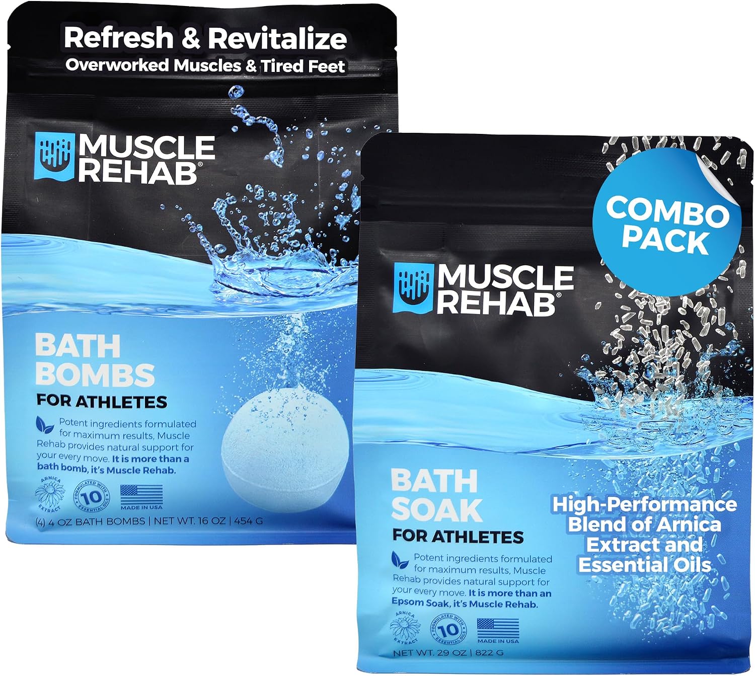 Muscle Rehab Sports Recovery Muscle Rehab Combo Handmade Bath Bombs & Soak for Athletes & Muscle Recovery- Pure Essential Oils, Packed with Arnica, Magnesium, Minerals-, White, 45 Ounce