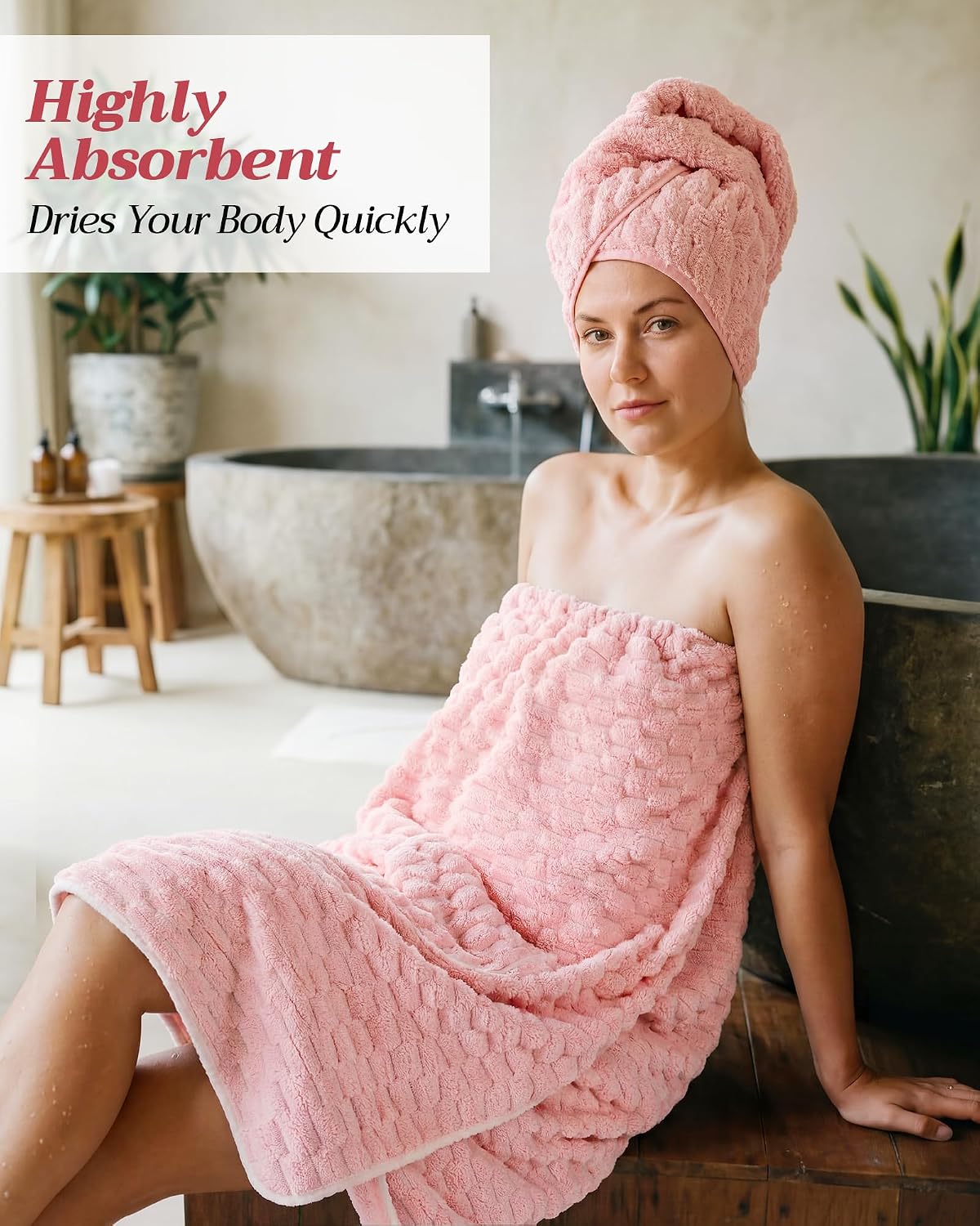Gilprop Women's Towel Wrap with Large Hair Towel, Adjustable Button Closure Spa Shower Robe, Quick Dry Absorbent Microfiber Bathrobe, Pink Body and Hair Wraps Set for Home Hotel Pool Travel Beach