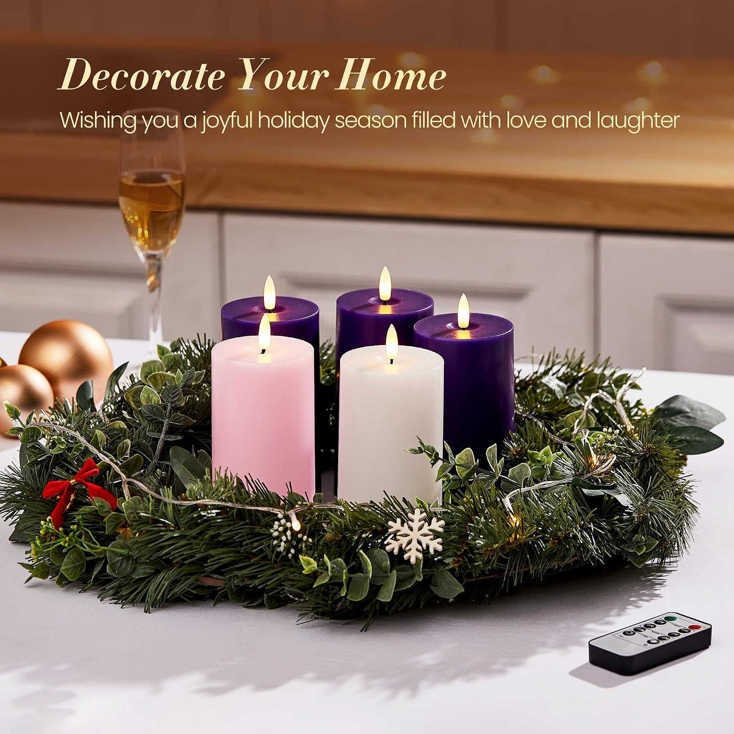 Pillar Advent Candles Set of 5, Battery Operated Advent Candle Set with Remote and Timer, 3x6 Pink and Purple Pillar Candle Set, Flameless Advent Candles for Advent Wreath Pillar Candle Holder