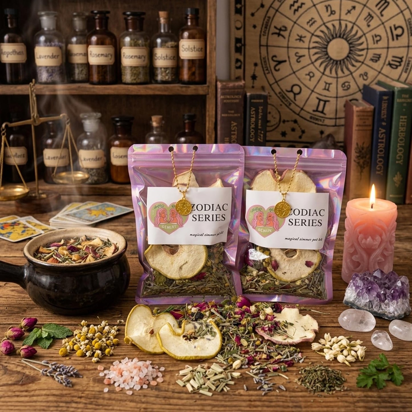 Gemini Zodiac Simmer Pot Kit - Magical Stovetop Potpourri with Dried Apple & Pear Slices, Rose Petals, Lavender & Chamomile - Himalayan Pink Salt & Lemongrass - Astrology Gift for Her