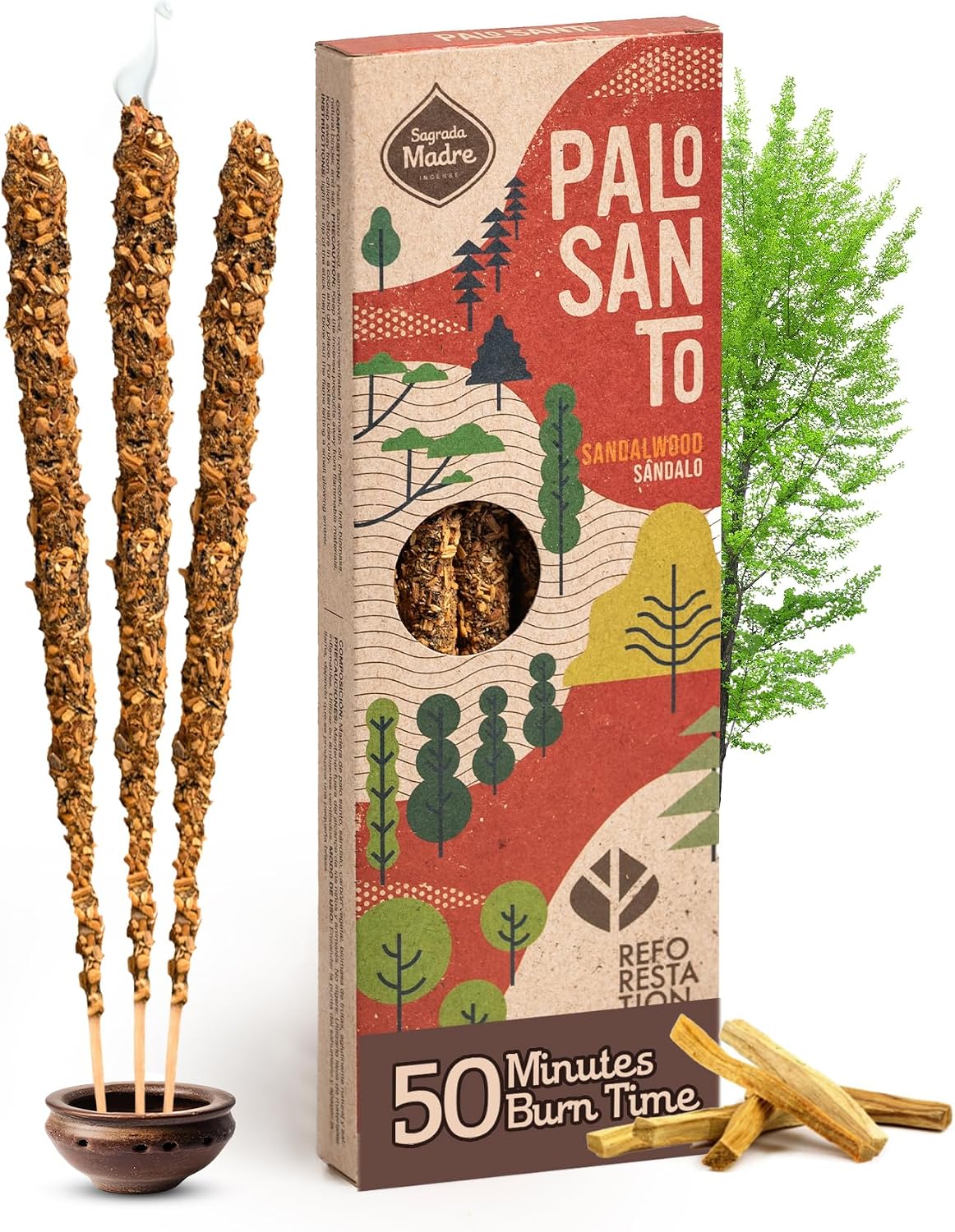 Sagrada Madre 4pcs Wildly Harvested Palo Santo Incense Sticks (Sandalwood), 6.7” Long - Non-Toxic, Aromatic Incense Sticks (50 min Approx. Burning Time) to Heal & Calm Your Body and Environment