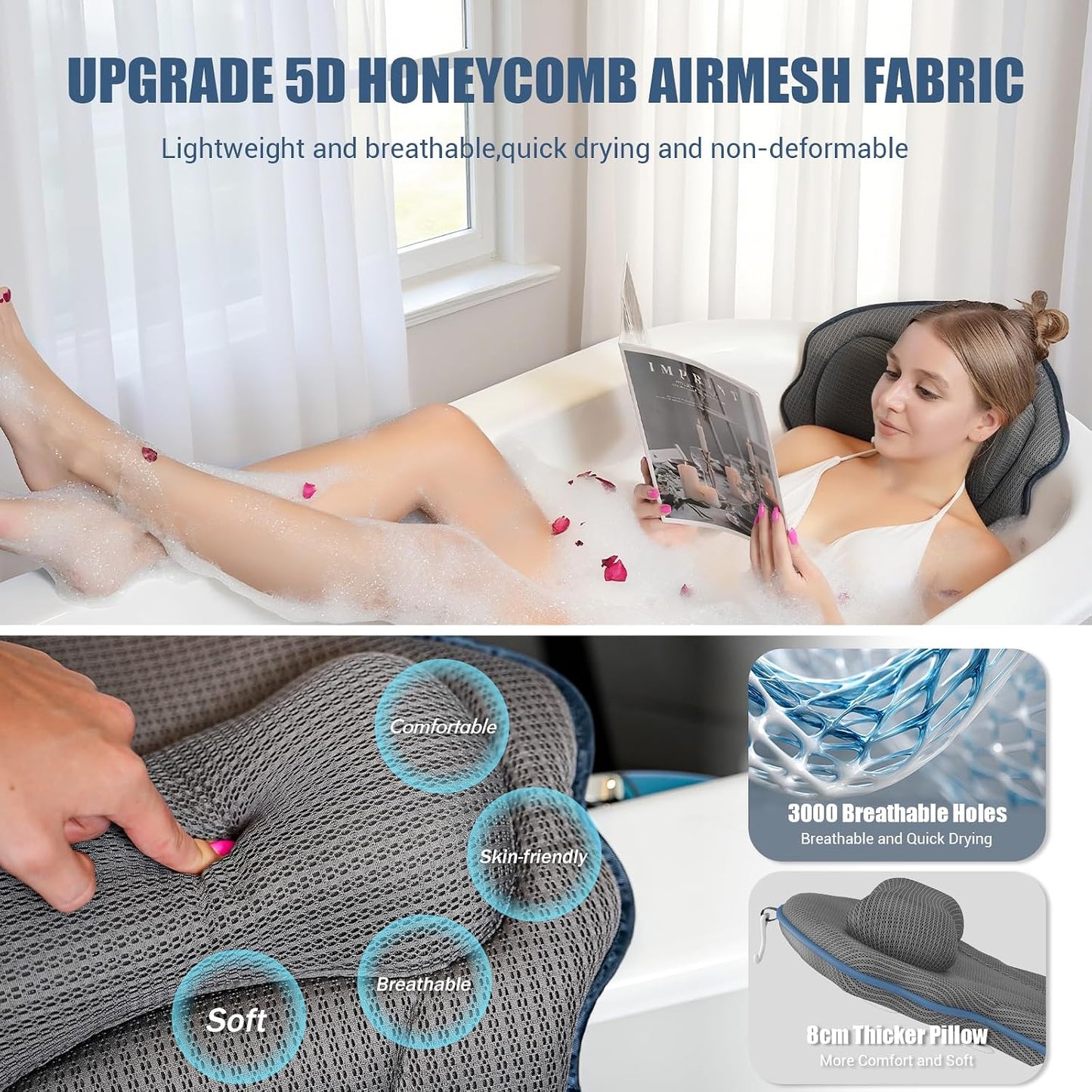 Full Body Bath Pillows for Tub Luxury Bathtub Pillow Cushion for Head,Shoulder,Back&Lumbar Support Thick Tub Pillow for Bathtub for Women Relaxing Soft 5D Air Mesh Mat 12 Non-Slip Power Suction Cups