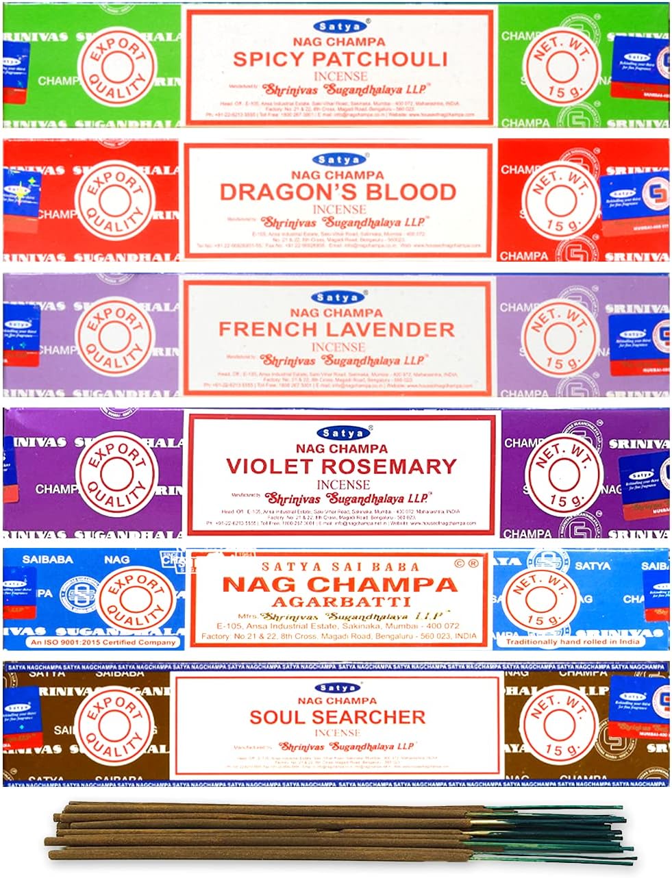 Satya Organic Incense Sticks- Gift Set of 6 Packs - Nag Champa, Spicy Patchouli, French Lavender, Violet Rosemary, Dragon Blood, Soul Searcher,15 Grams x 6 Pack