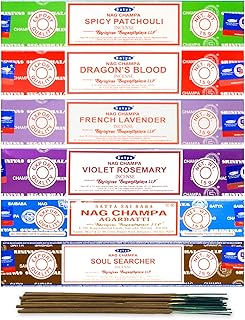 Satya Organic Incense Sticks- Gift Set of 6 Packs - Nag Champa, Spicy Patchouli, French Lavender, Violet Rosemary, Dragon Blood, Soul Searcher,15 Grams x 6 Pack