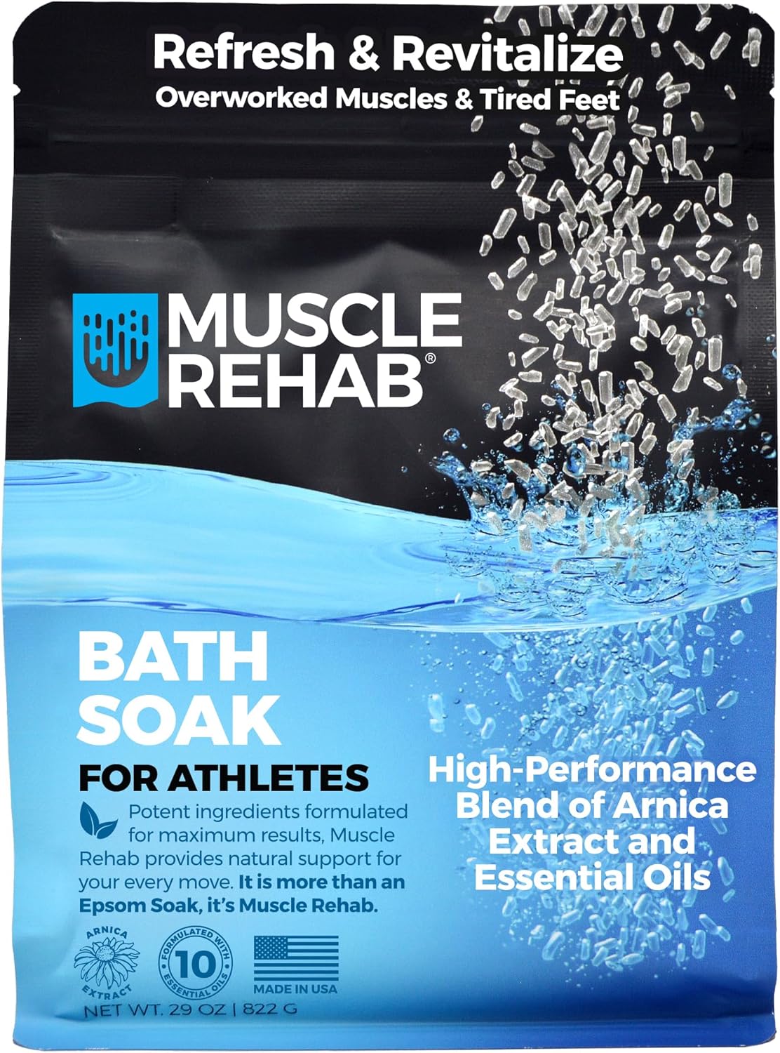 Muscle Rehab Epsom Salt Bath Soak 29 oz with Arnica - Fast-Dissolving Bath Salts for Muscle Relief and Recovery - Cooling Formula - Made in USA