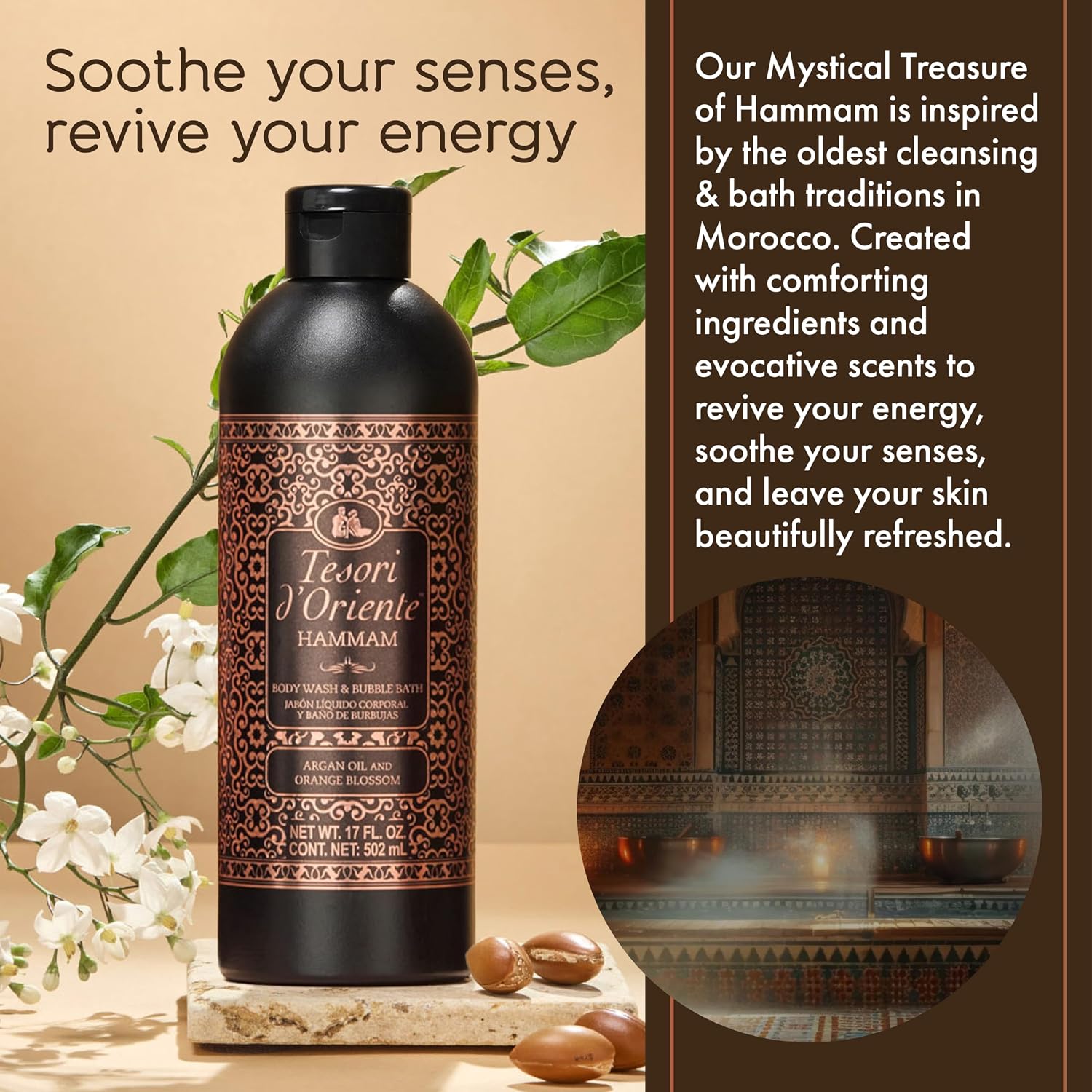Tesori d’Oriente Hammam Body Wash & Bubble Bath, 17.5 fl oz, Gentle, Hydrating Shower Gel with Argan Oil & Vitamin E, Warm Orange Blossom Scented, No Silicones, Parabens & Mineral Oil