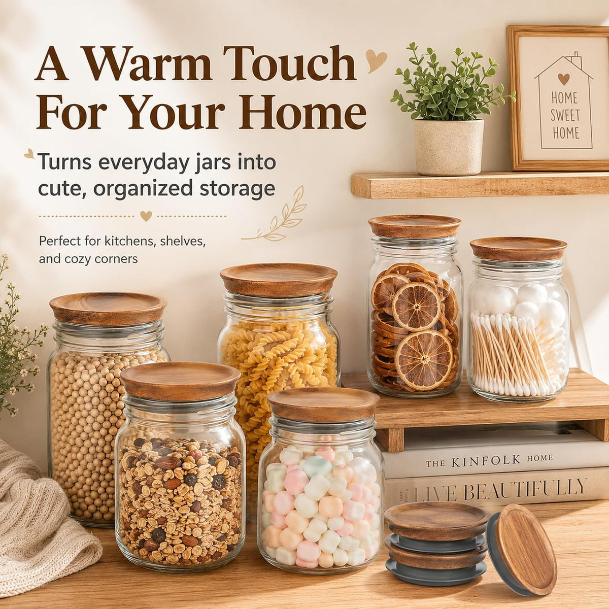6 Pack Mason Jar Lids, Regular Mouth Mason Jar Lids, Wooden Storage Lids