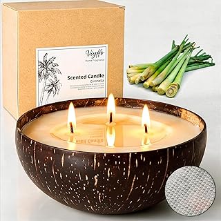 Viyffo 18oz Large Citronella Candles Outdoor, 3 Wick Citronella Candle, Natural Coconut Shell Jar, Non Toxic Soy Candle for Patio, Backyard, Deck & Camping, Rustic Decor Gift (with Fireproof Mat)