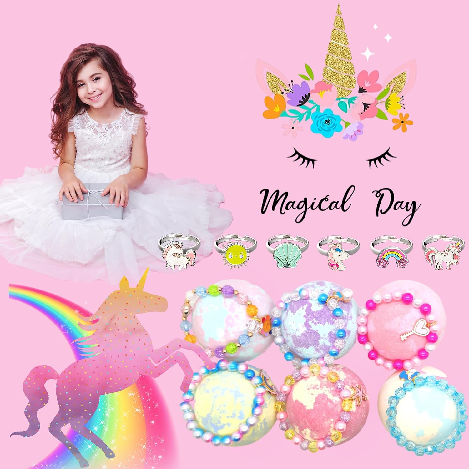 Unicorn Bath Bombs for Kids with Surprise Inside 3 4 5 6 7 8+ Year Old Girl Birthday Gifts for Kids Girls, Kids Bath Bombs with Toys Inside Birthday Gifts Unicorn Gifts for Kids Girls