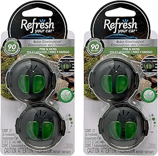 Refresh Car Air Freshener Vent Clip and Mini Car Oil Diffuser, Long-Lasting Odor Eliminator for Up to 90 days, 2 Packs (Pine & Moss)