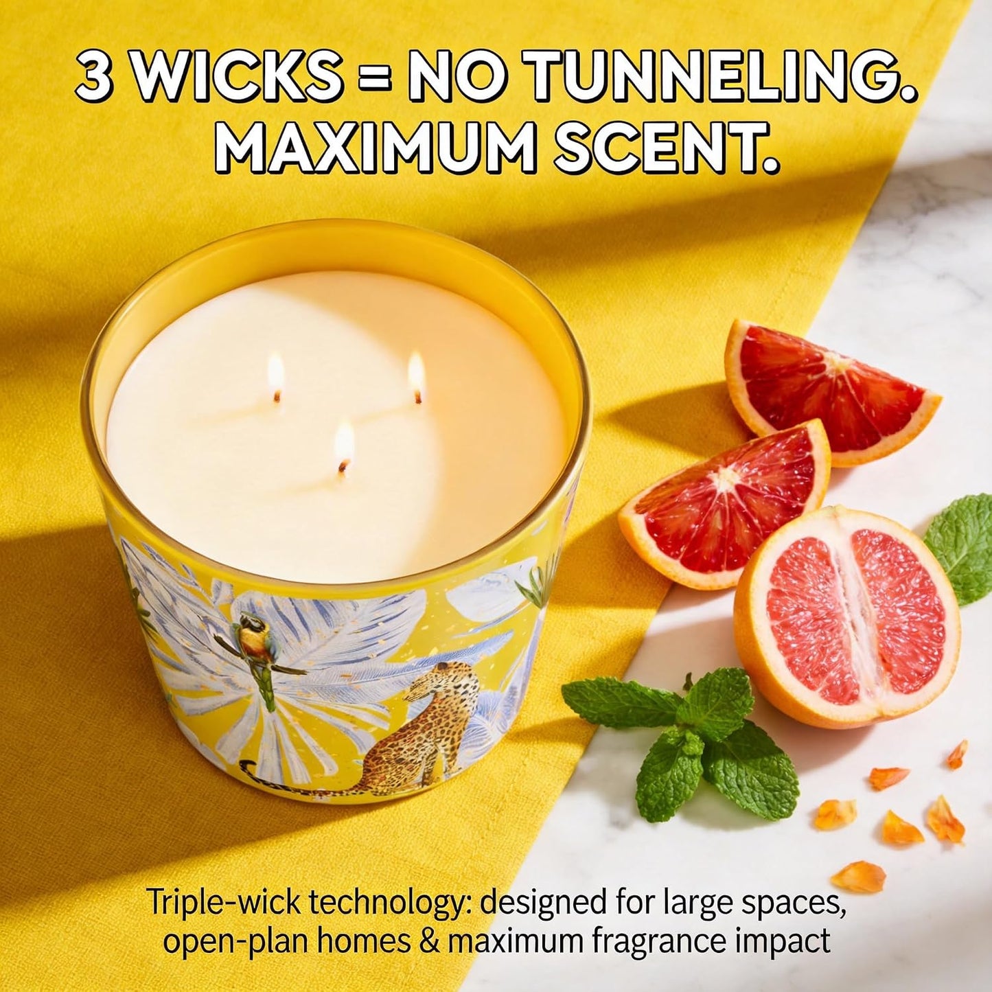 Hidden Label Blood Orange & Grapefruit Soy Candle, 30oz 3-Wick, 100Hours | Tropical Art Jar Glows When Lit, Strong Citrus Aromatherapy for Mood & Energy, Clean Non-Toxic, Gift-Ready Statement Piece