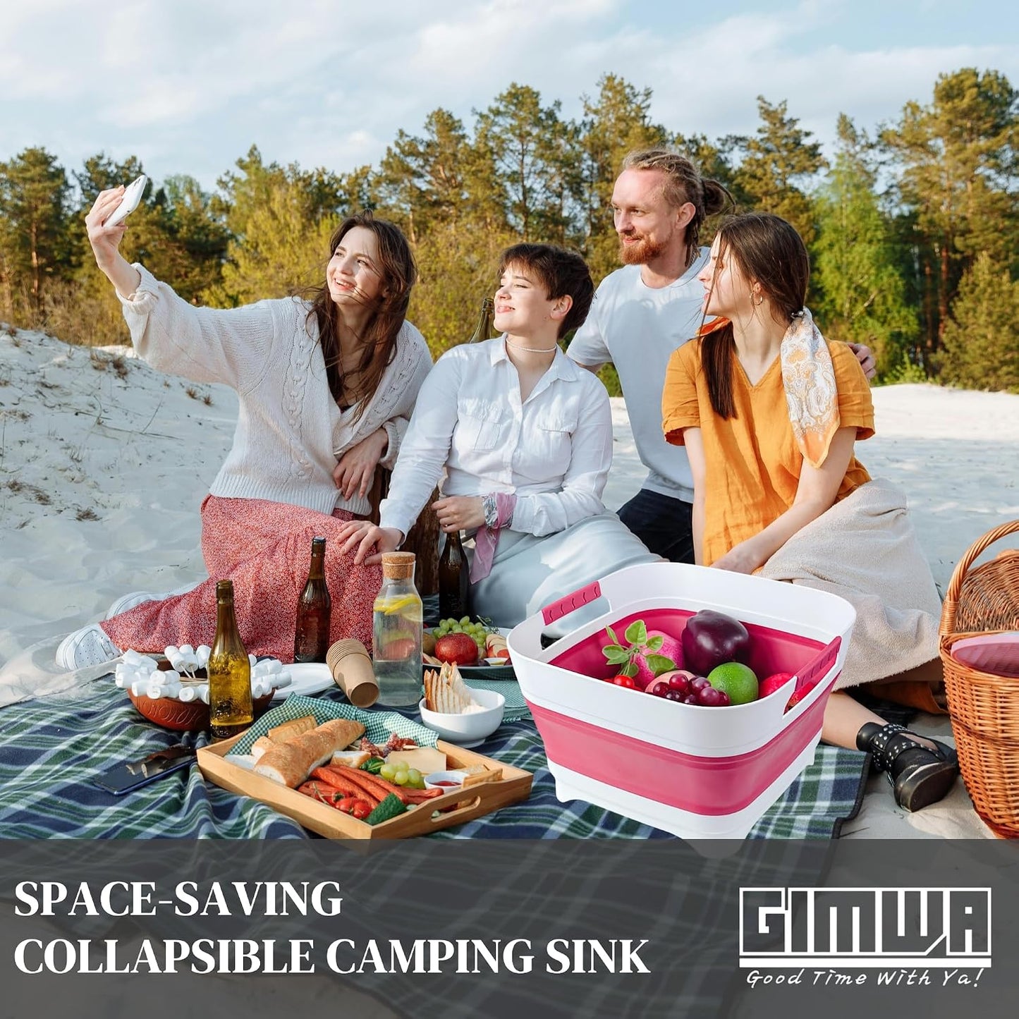 GIMWA 2.6 Gal(10L) Collapsible Camping Sink, Magenta Space-Saving Collapsible Dish Basin with Drain Plug for bottle washing, Collapsible Bucket for RV Essentials and Foot Soaking