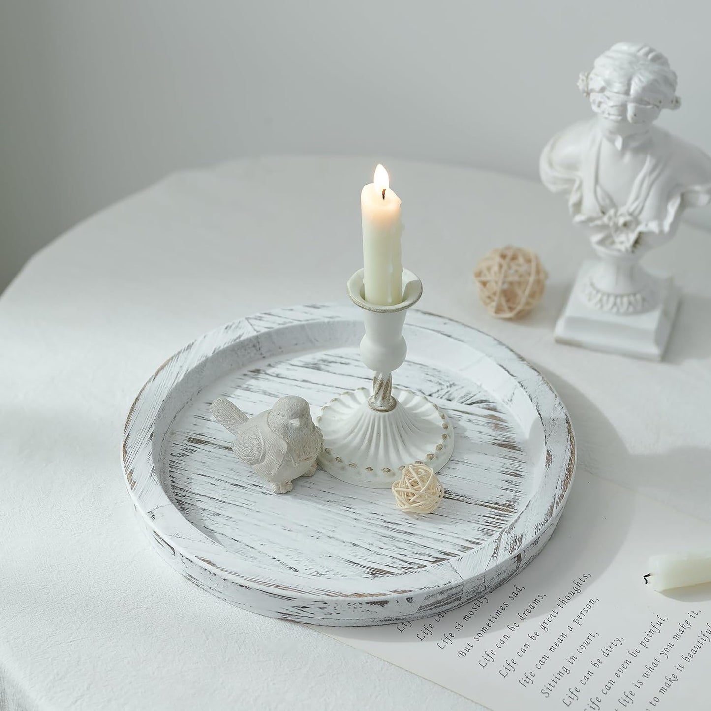 Hanobe Candle Plate Holder Tray: Round Wood Decorative Candle Plate - Rustic Farmhouse CoffeeTable Decor - Tealight Pillar Trays for Home Decor (White Rustic)