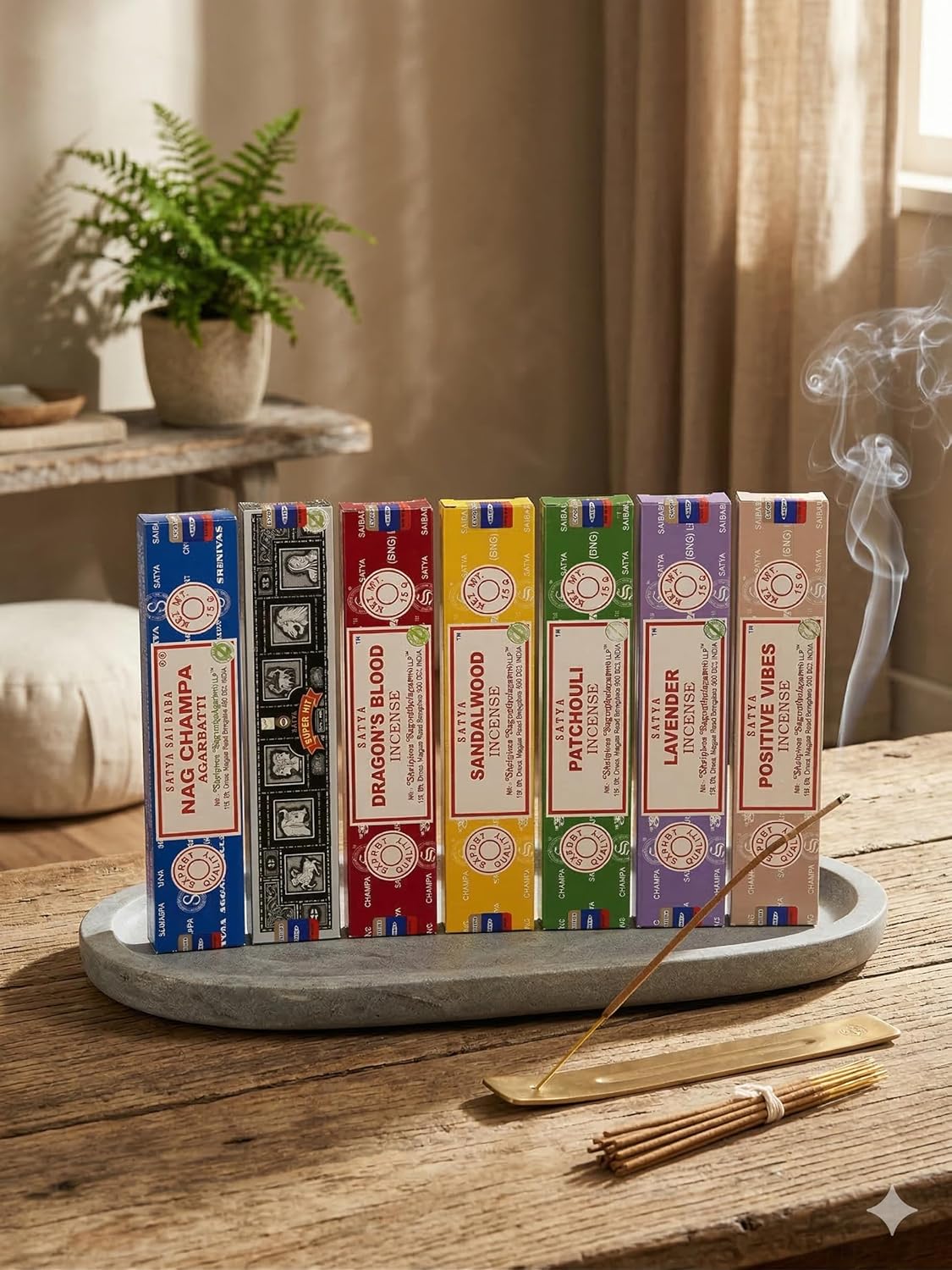 Satya Earth Masala Incense Sticks Variety Pack, Nag Champa, Sandalwood, Patchouli, Lavender, Dragon’s Blood & Positive Vibes Aromatherapy, Meditation & Yoga Incense –15g Each (Pack of 7)