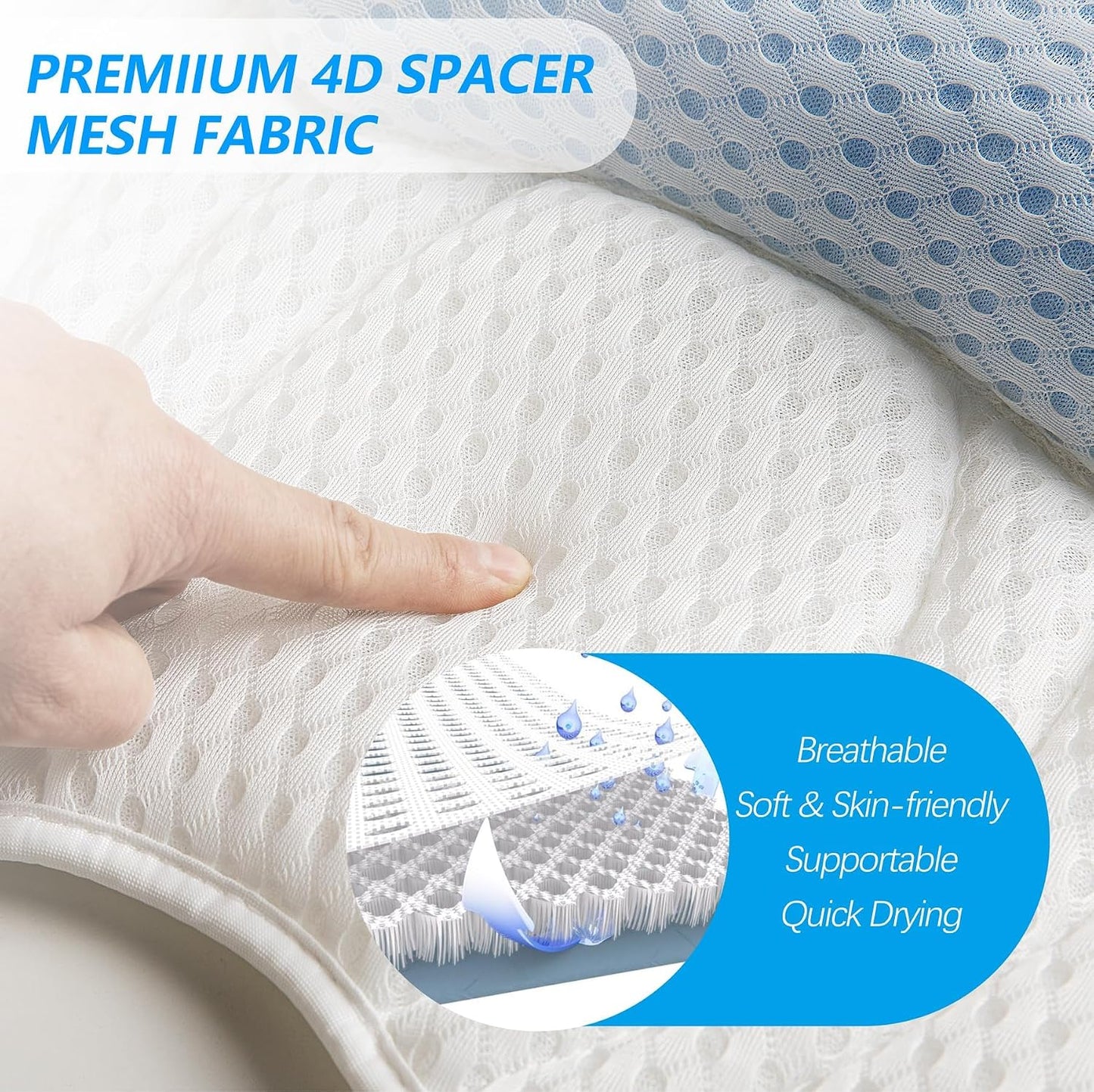 Bath Pillow for Tub, Luxury Bathtub Pillows with Head, Neck and Back Support, Bath Tub Pillow with Soft 4D Breathable Air Mesh Fabric and Non-Slip Suction Cups, Relaxing Bath Tub Accessories, White