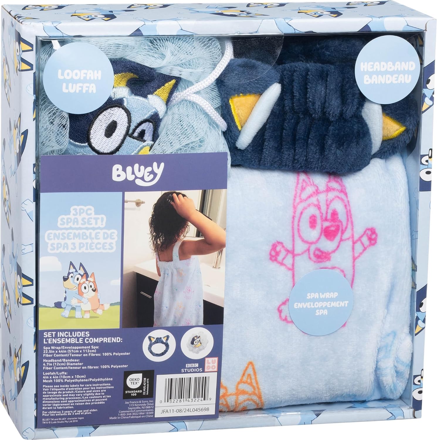 Jay Franco Bluey 3 Piece Spa & Bath Set - Includes Towel Wrap, Loofah & Spa Headband - Kids Bath & Shower Accessories