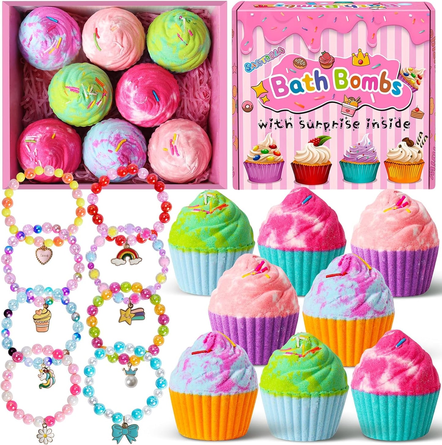 Bath Bombs for Kids with Surprise Jewelry Toys Inside, 8 Cupcake Bath Bombs Gifts Set, Girls, Teens, Kids Birthday Christmas Gift, Handmade Fizzy Bubble Spa Bath Ball for Girls Daughter Granddaughter