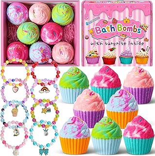 Bath Bombs for Kids with Surprise Jewelry Toys Inside, 8 Cupcake Bath Bombs Gifts Set, Girls, Teens, Kids Birthday Christmas Gift, Handmade Fizzy Bubble Spa Bath Ball for Girls Daughter Granddaughter