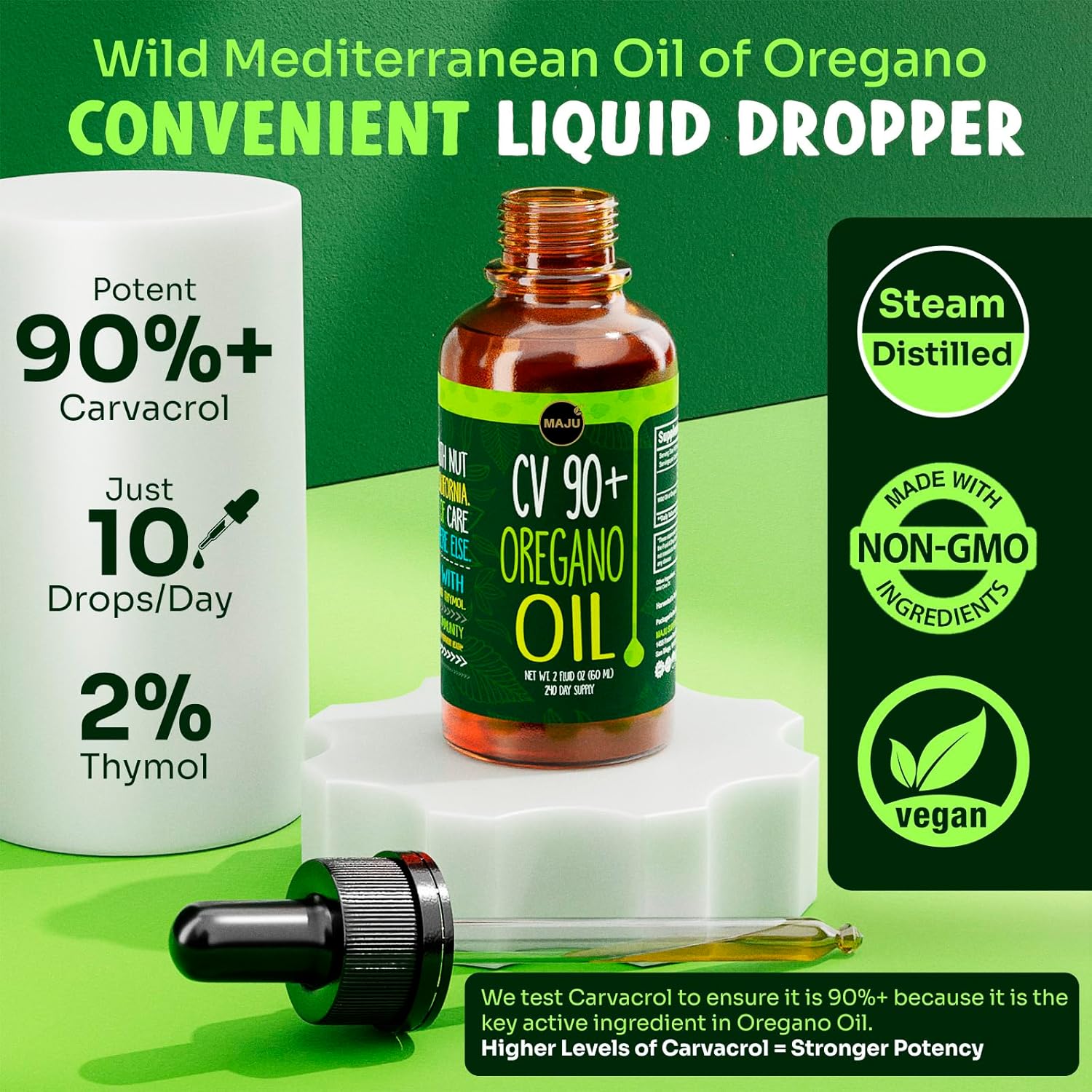 MAJU Oregano Oil Drops - Potent 90%+ Carvacrol (2 fl Oz) Wild Mediterranean Essential Oil of Oregano Liquid, Aceite de Oregano, Immune and Seasonal Support