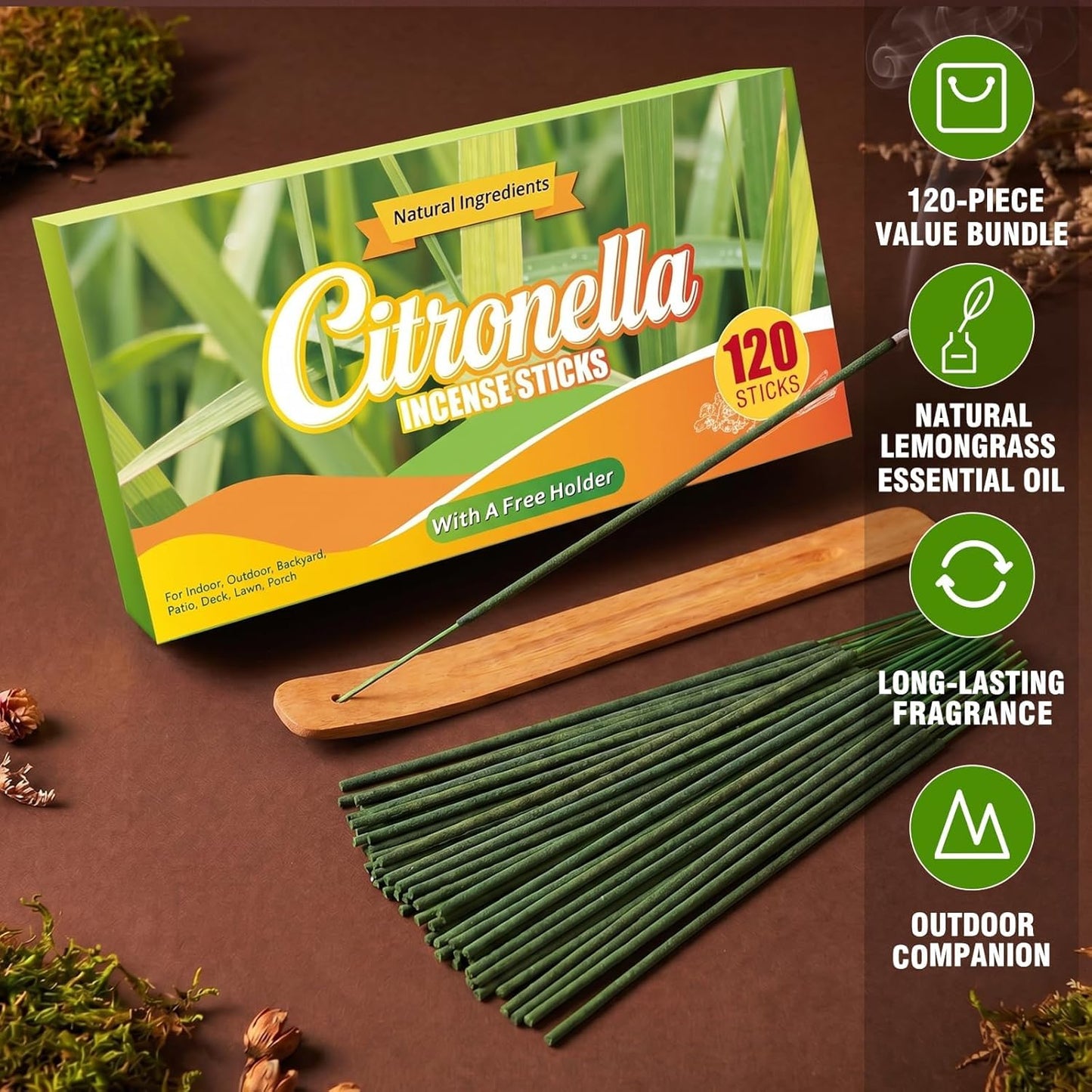 FIRIK Citronella Incense Sticks Outdoor, 120 PCS Lemongrass Incense Sticks with Wooden Holder for Home Pool Side Garden, Patio, Camping Trips, Porches, Courtyards, Farm, Backyard