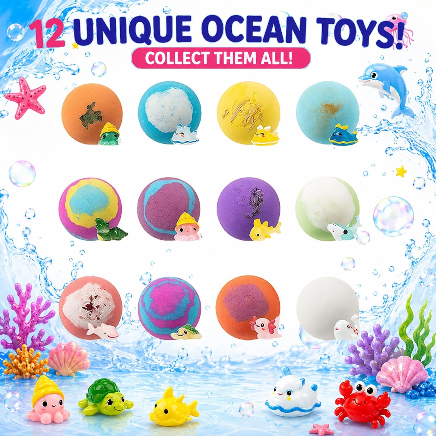 Bath Bombs Gift Set for Women, Colorful Bath Bombs with Surprise Inside, Ocean Theme Moisturizing Bath Fizzies, Relaxing Spa Self Care Gifts for Birthday, Christmas & Holidays (12 Pack)