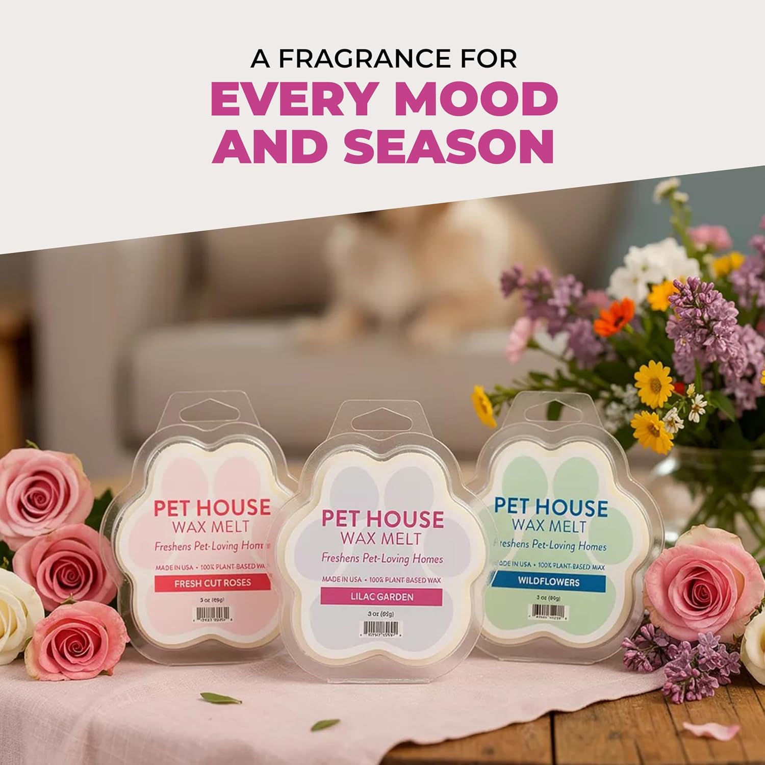Pet House Wildflowers Scented Wax Melts - Long-Lasting Plant Based/Summer Soy Wax Melts for Pet Odor Pack of 2